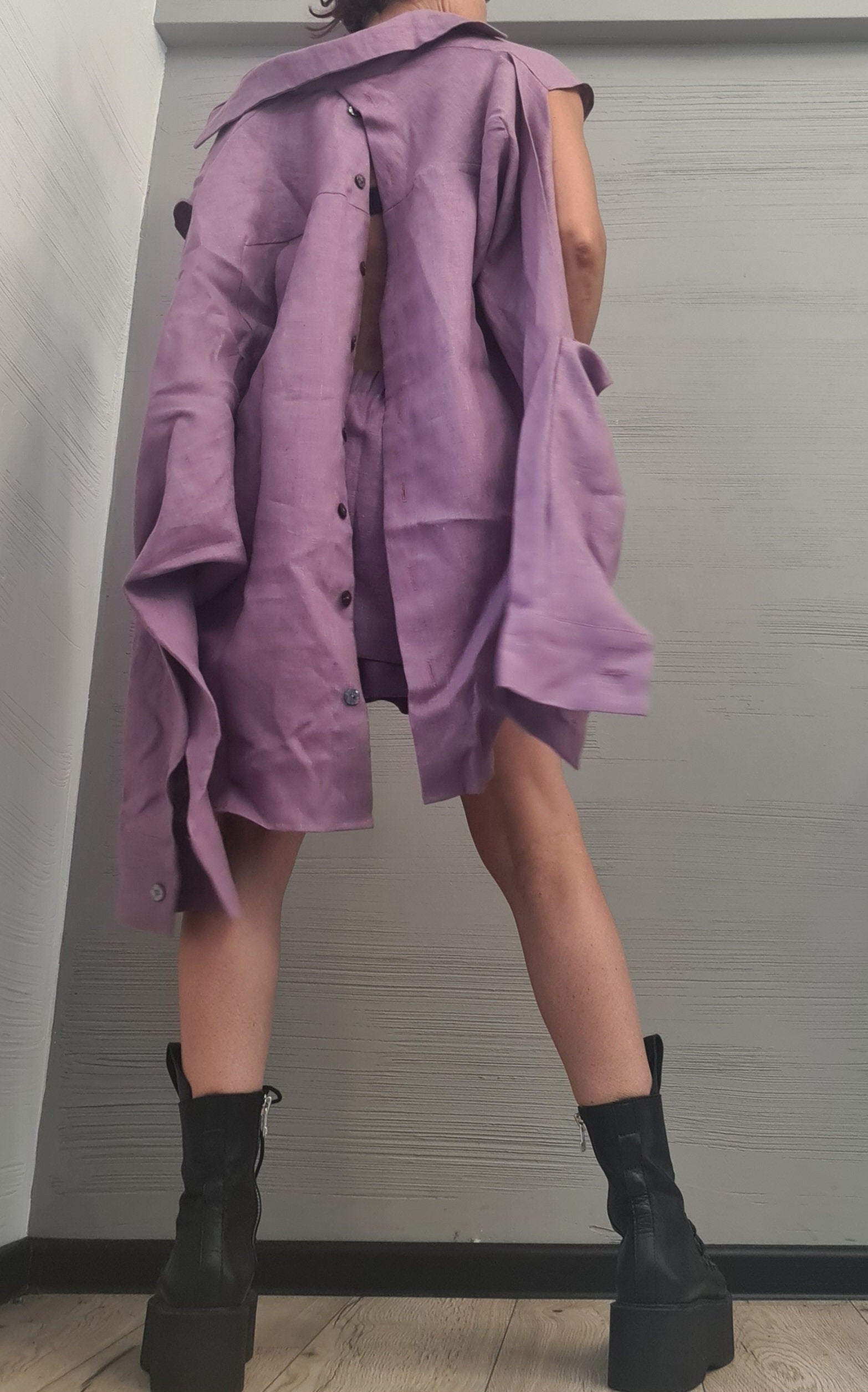Extravagant Summer Linen Set, Purple Blouse Shorts Set, Asymmetrical Top, Sexy Women Set, Pants Skirt, Open Back Blouse, New collection