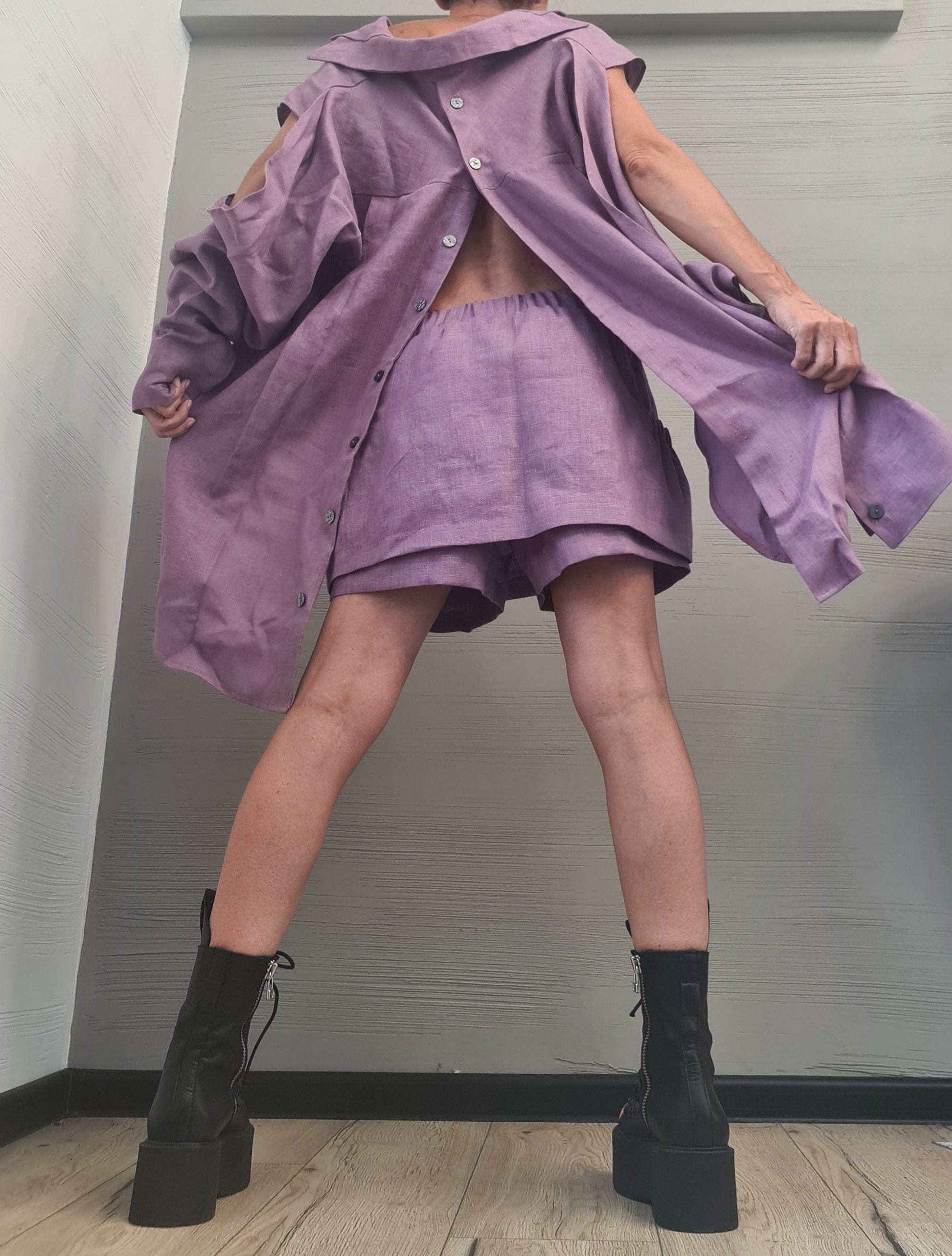Extravagant Summer Linen Set, Purple Blouse Shorts Set, Asymmetrical Top, Sexy Women Set, Pants Skirt, Open Back Blouse, New collection