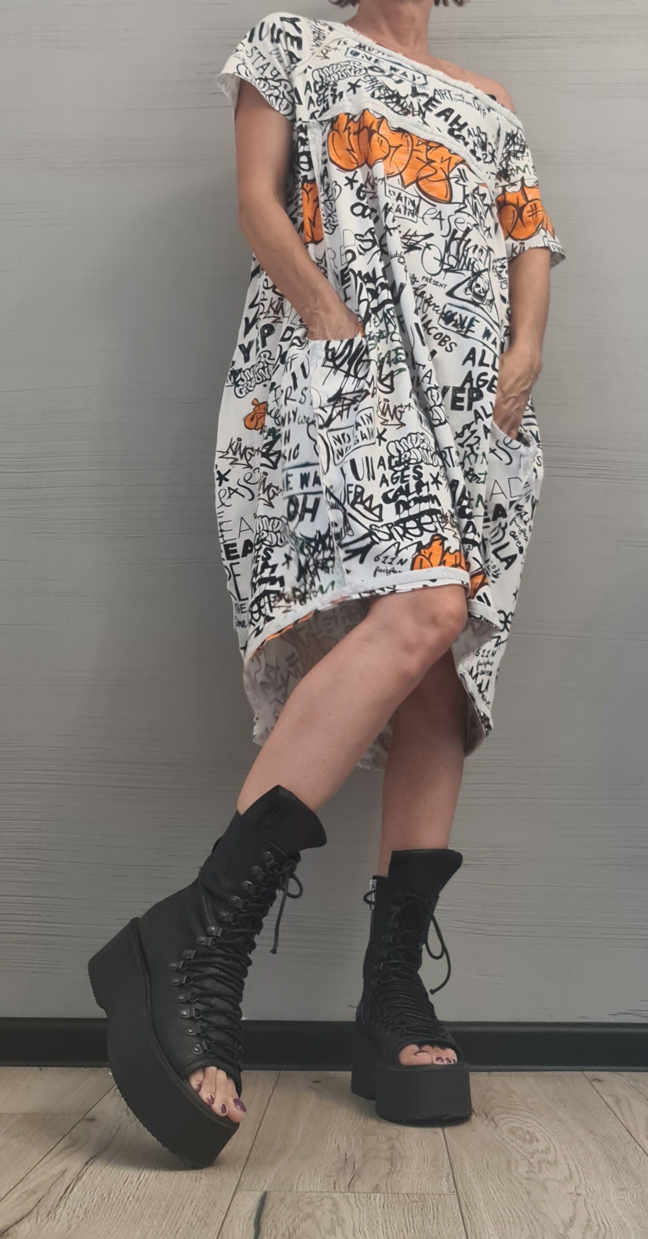 New collection, Extravagant  Dress, Cotton Tunic Dress, Dress with print, Asymmetric Dress, Knee Length Dress