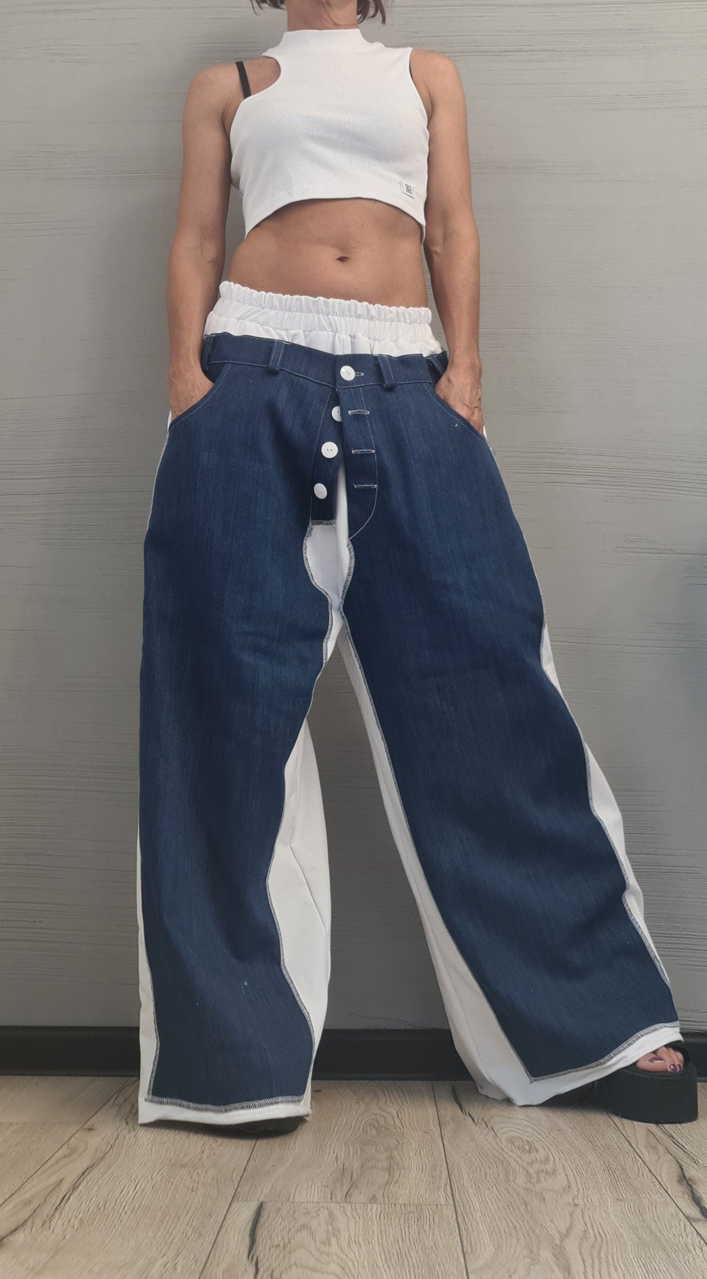 White cotton & Denim, Avant Garde Loose Pants, Harem Pants Women, Extravagant Cotton Pants, Drop Crotch Pants, Loose Trousers