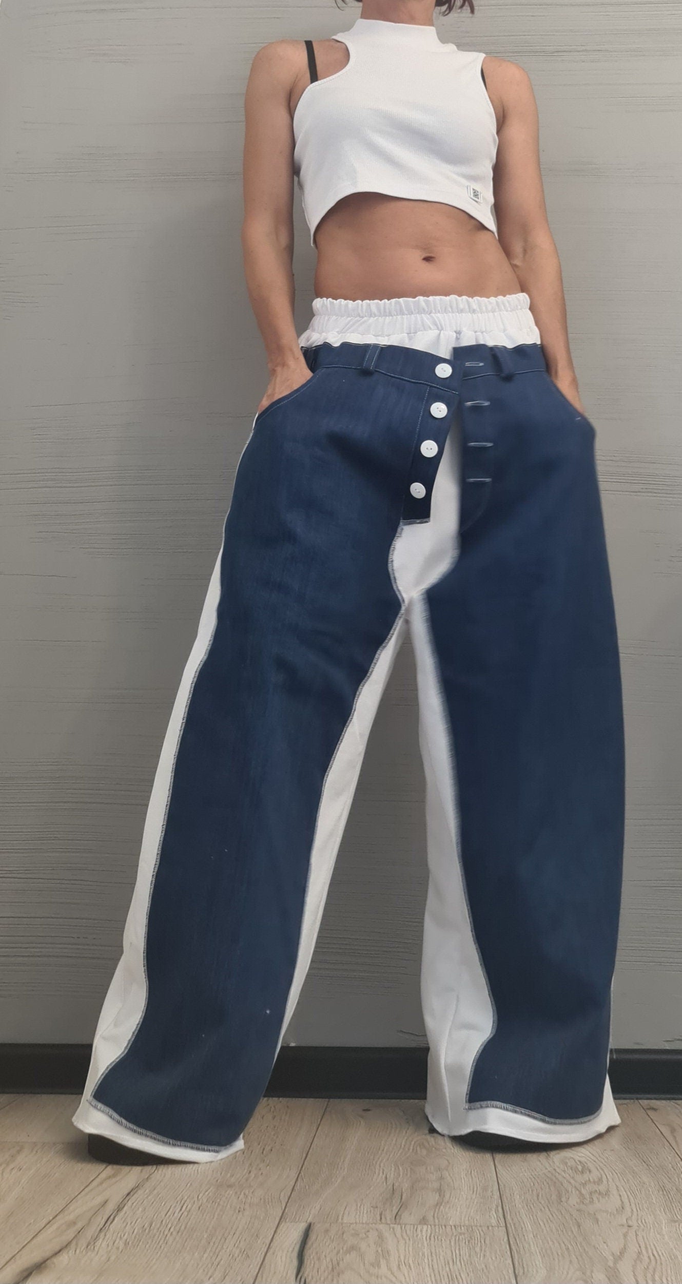 White cotton & Denim, Avant Garde Loose Pants, Harem Pants Women, Extravagant Cotton Pants, Drop Crotch Pants, Loose Trousers