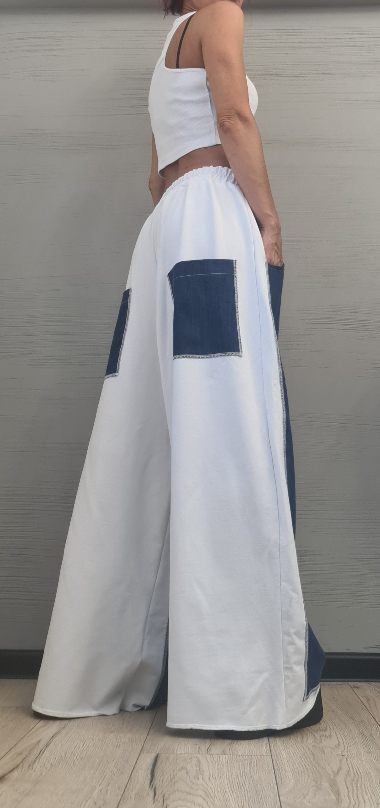 White cotton & Denim, Avant Garde Loose Pants, Harem Pants Women, Extravagant Cotton Pants, Drop Crotch Pants, Loose Trousers