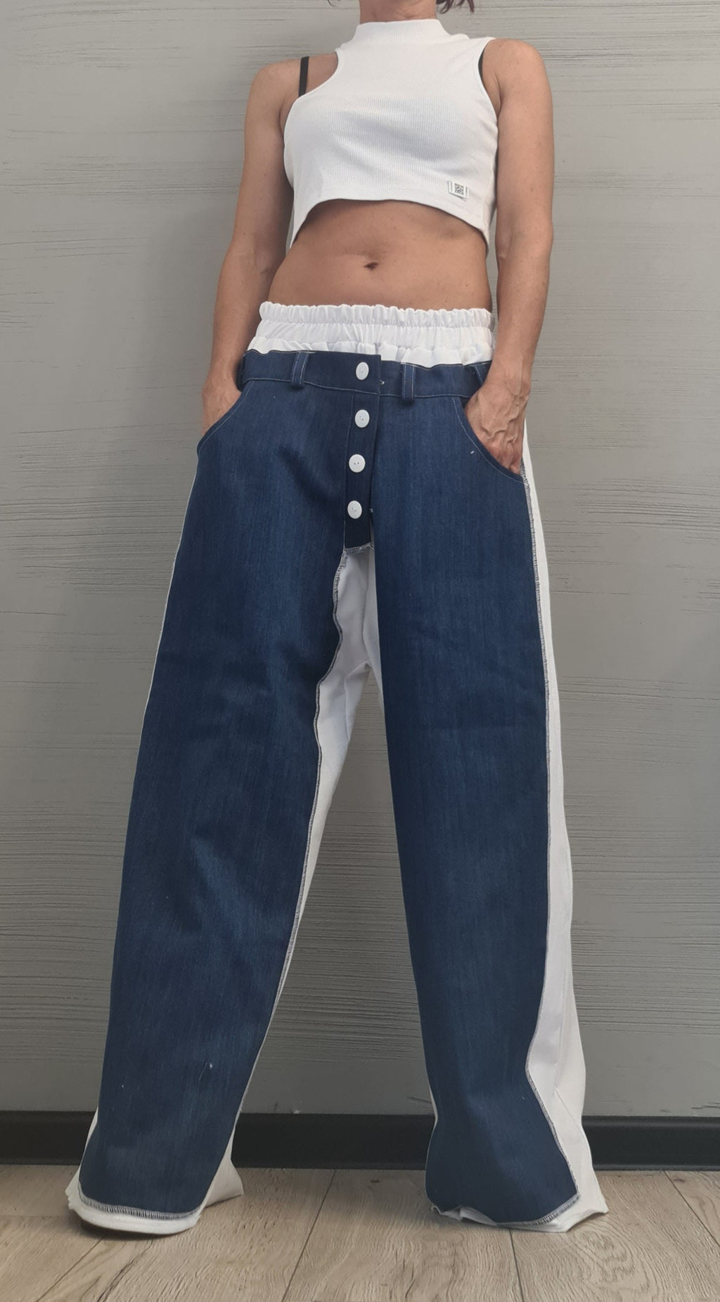 White cotton & Denim, Avant Garde Loose Pants, Harem Pants Women, Extravagant Cotton Pants, Drop Crotch Pants, Loose Trousers