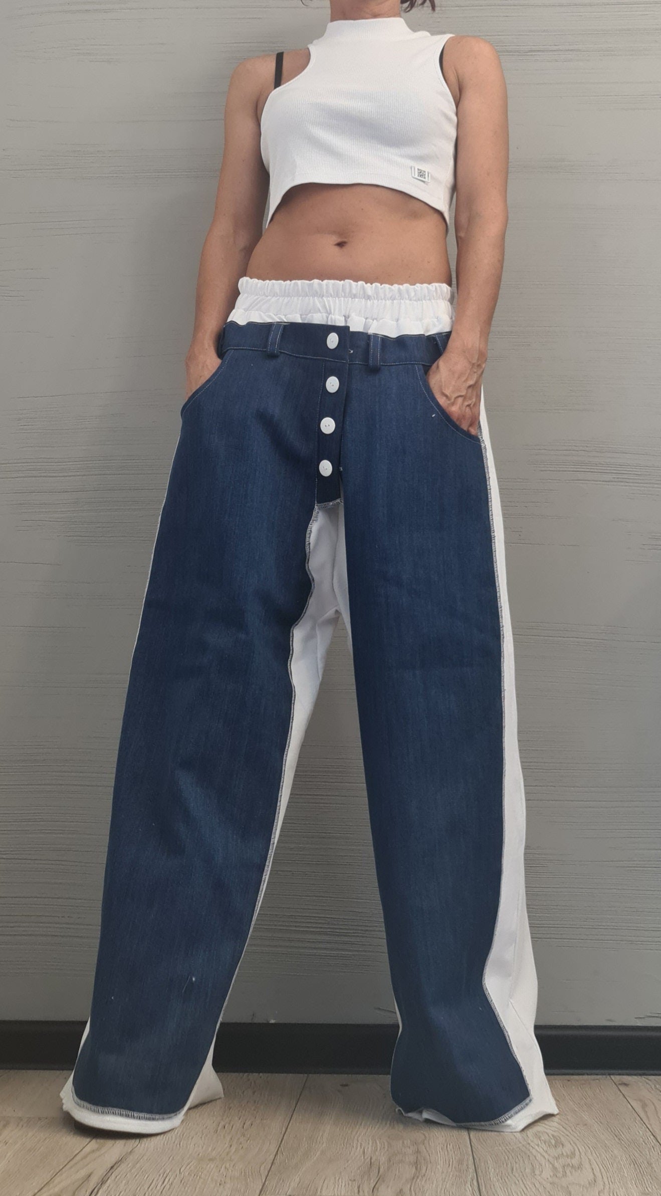 White cotton & Denim, Avant Garde Loose Pants, Harem Pants Women, Extravagant Cotton Pants, Drop Crotch Pants, Loose Trousers