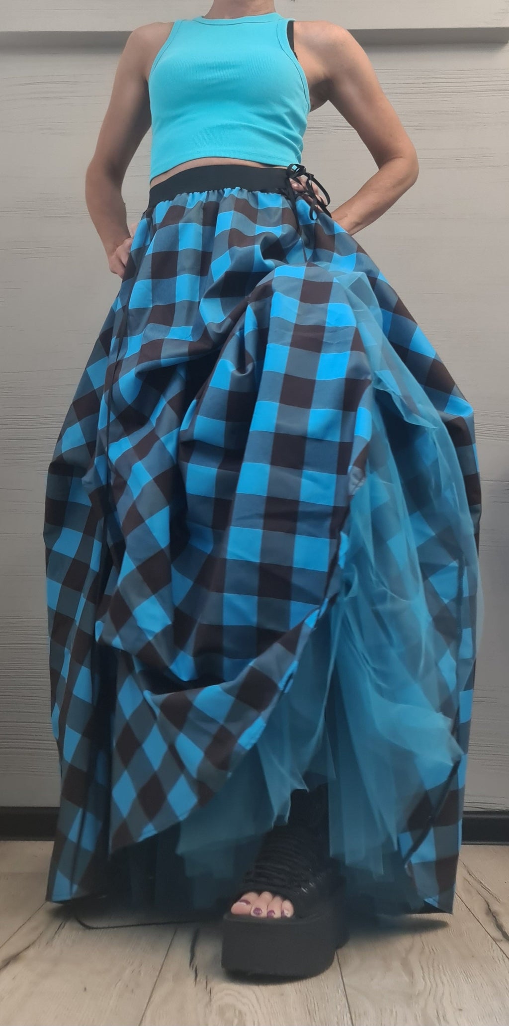 Plaid Grunge Skirt Women, Gothic Skirt, Asymmetric Skirt, Long Short Skirt, High Tulle Skirt, turquoise blue & brown plaid