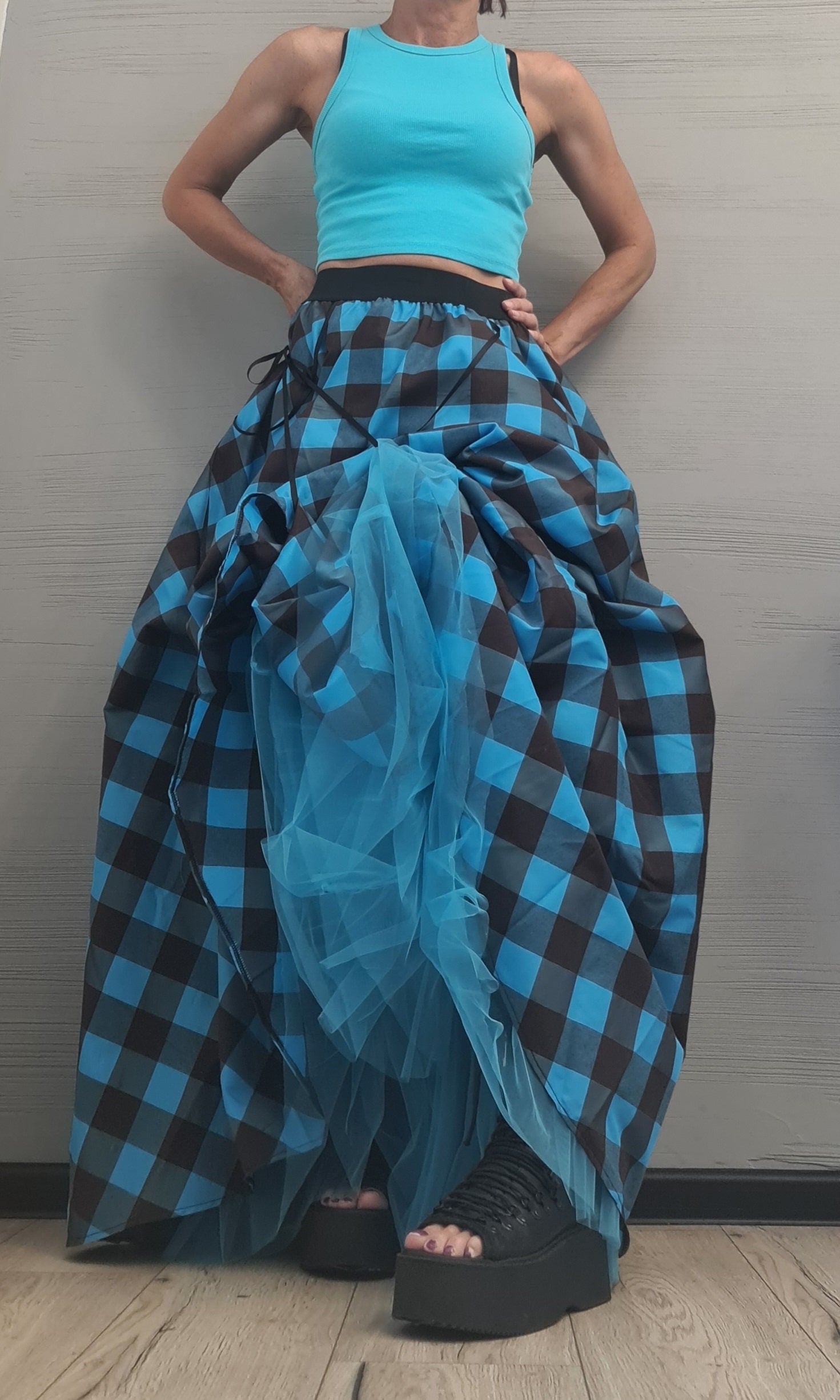 Plaid Grunge Skirt Women, Gothic Skirt, Asymmetric Skirt, Long Short Skirt, High Tulle Skirt, turquoise blue & brown plaid