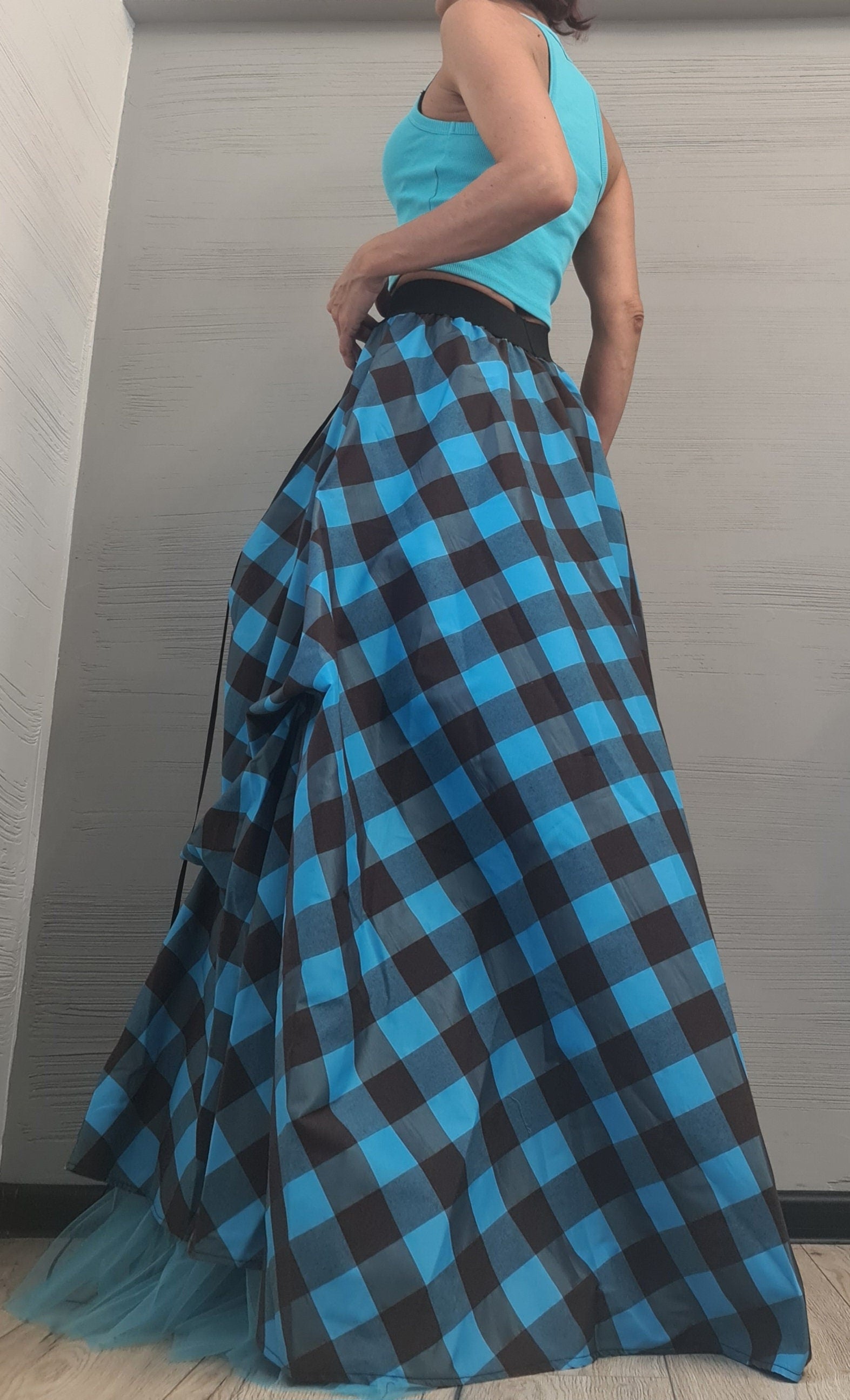 Plaid Grunge Skirt Women, Gothic Skirt, Asymmetric Skirt, Long Short Skirt, High Tulle Skirt, turquoise blue & brown plaid