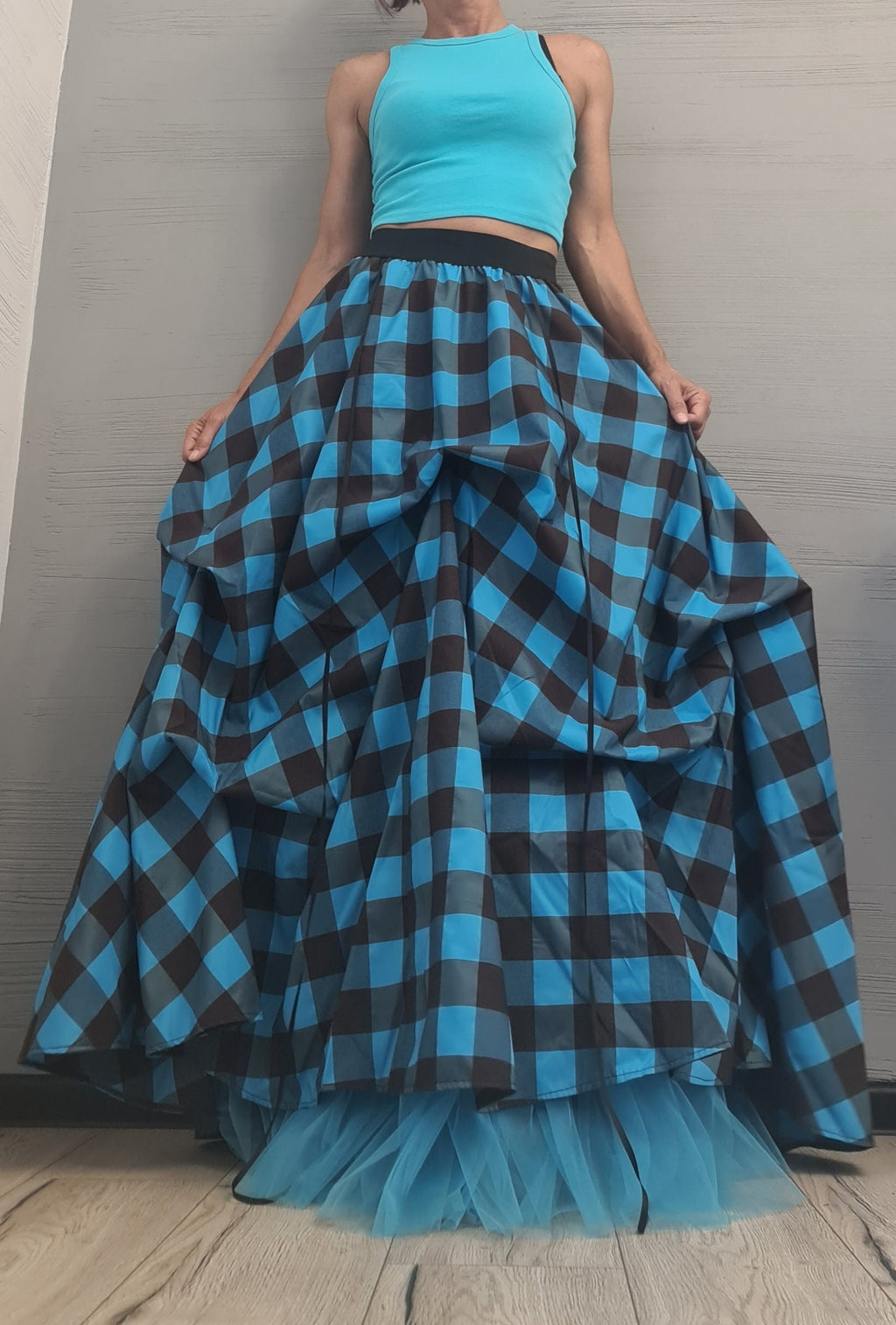 Plaid Grunge Skirt Women, Gothic Skirt, Asymmetric Skirt, Long Short Skirt, High Tulle Skirt, turquoise blue & brown plaid