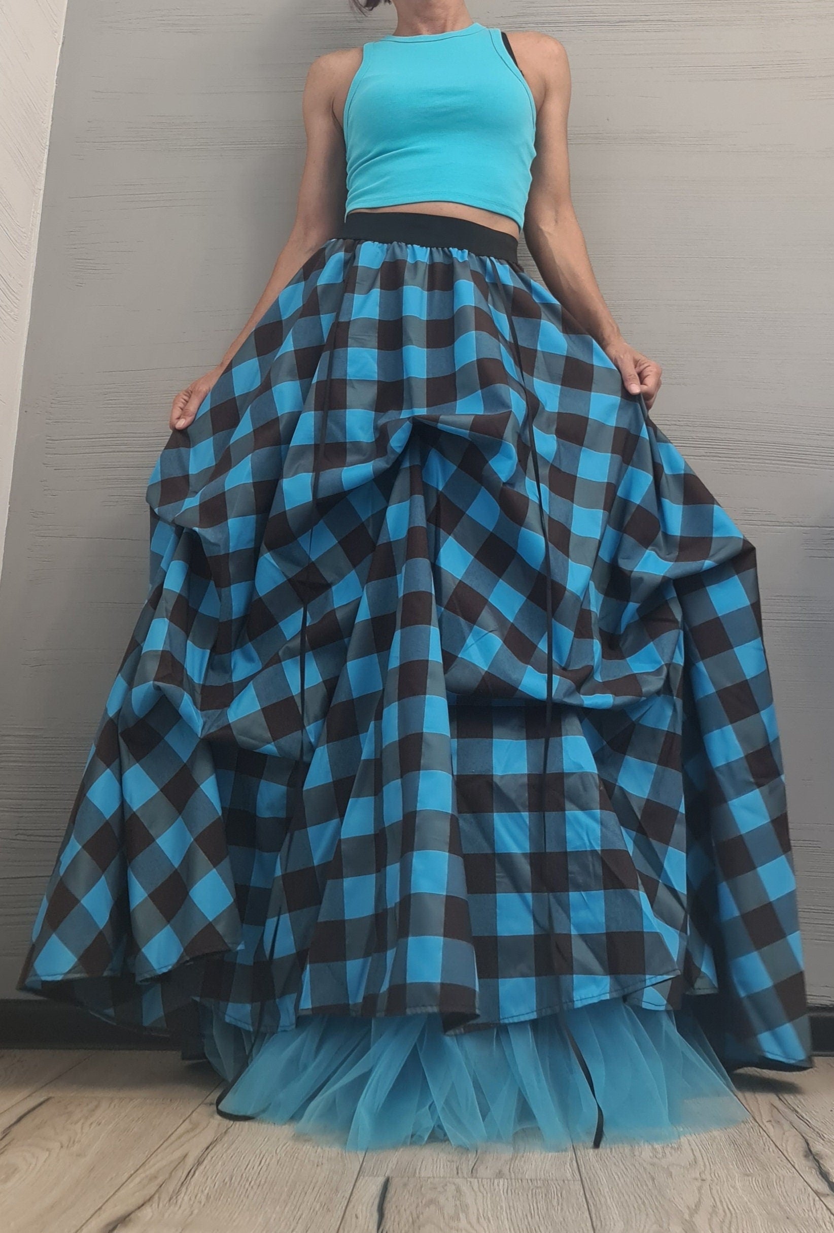 Plaid Grunge Skirt Women, Gothic Skirt, Asymmetric Skirt, Long Short Skirt, High Tulle Skirt, turquoise blue & brown plaid