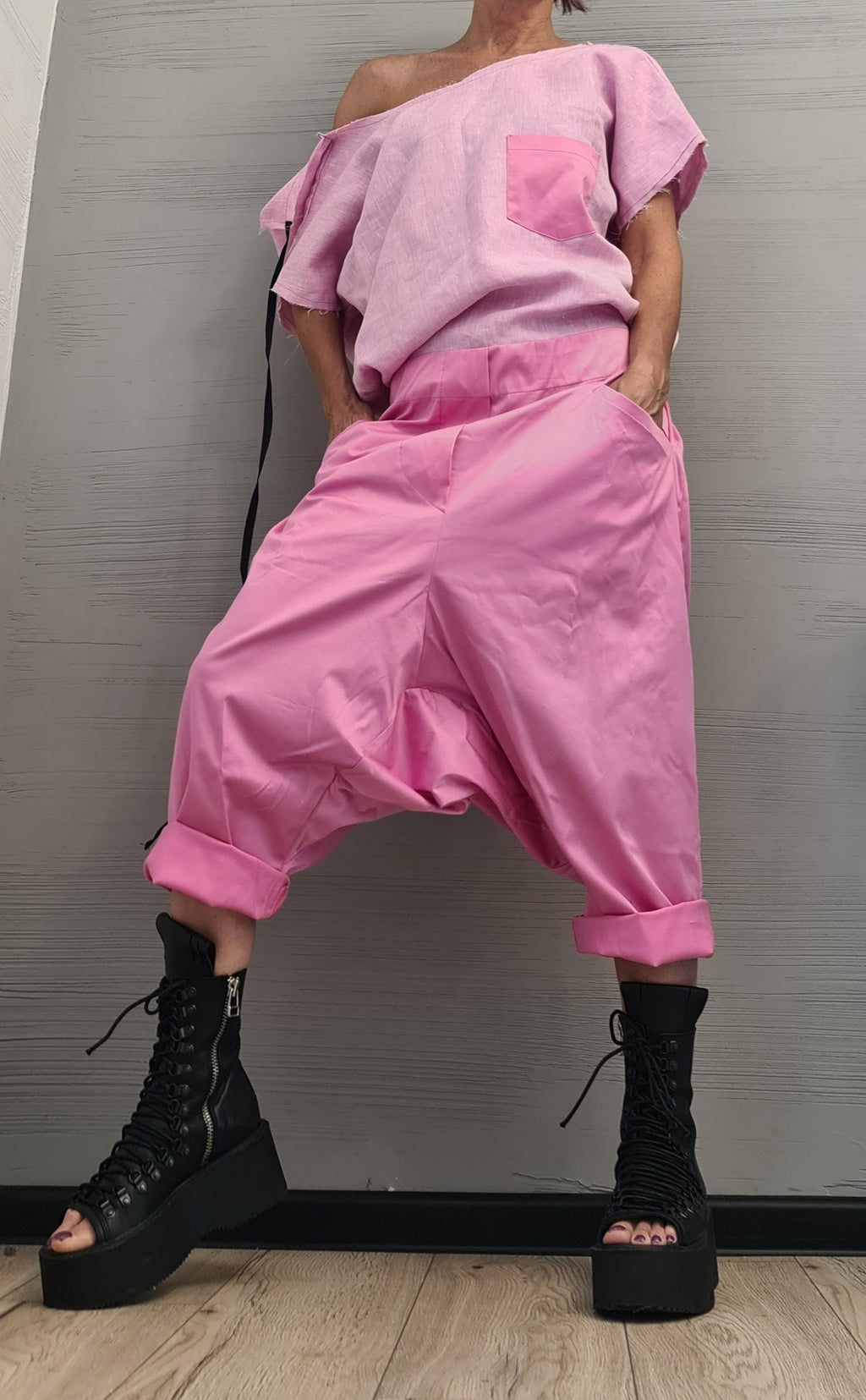 Think pink, Avant-garde Harem Jumpsuit, Loose Jumpsuit, Drop Crotch Jumpsuit, Plus Size Clothing, Oversize Jumpsuit