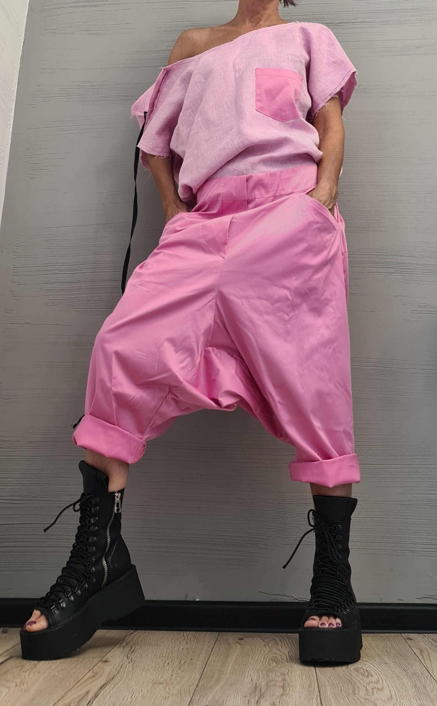 Think pink, Avant-garde Harem Jumpsuit, Loose Jumpsuit, Drop Crotch Jumpsuit, Plus Size Clothing, Oversize Jumpsuit