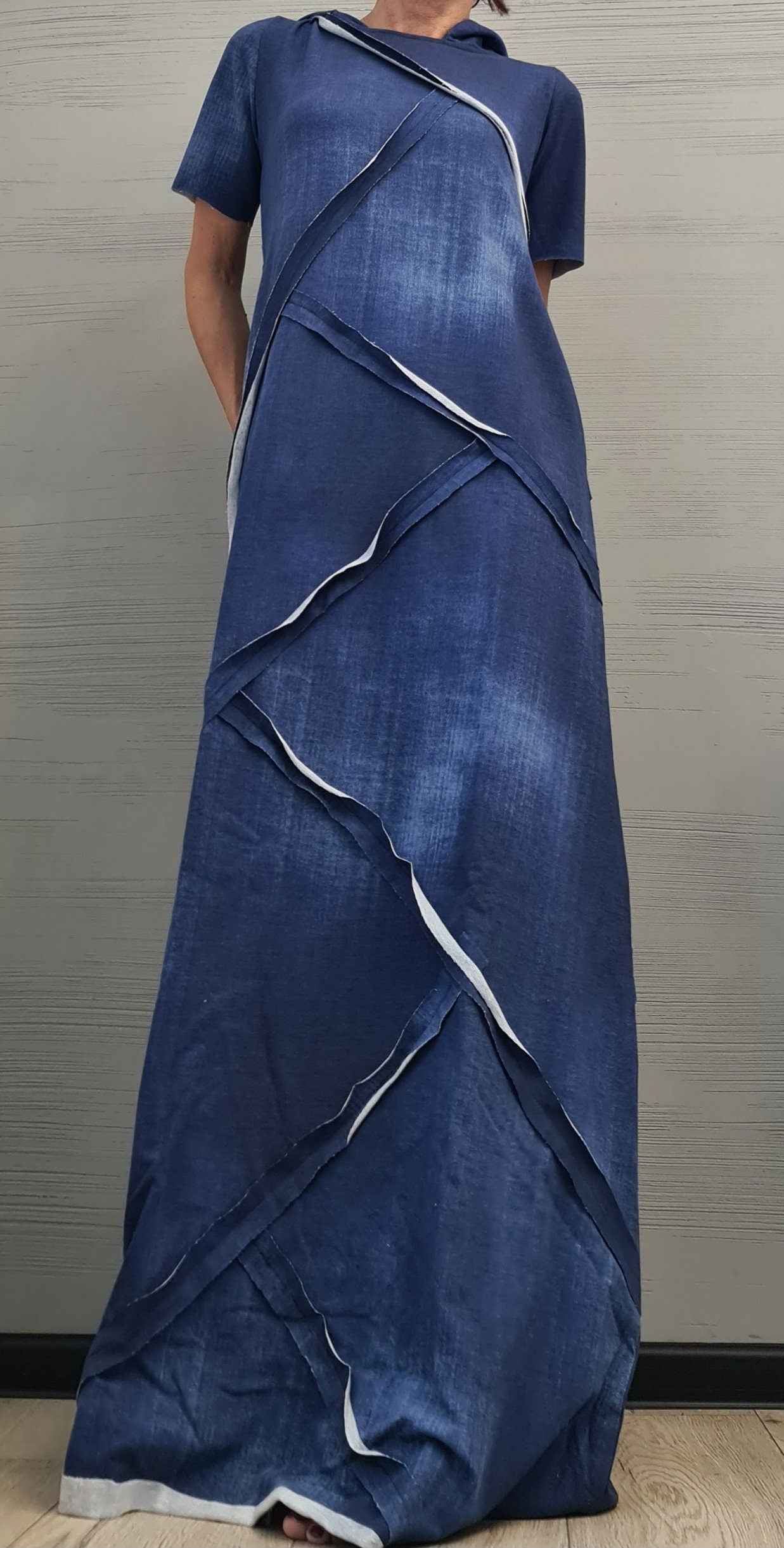 Long Hooded Dress, Loose Dress, Cotton Extravagant Dress, Short sleeve Dress, New collection, Cotton with printed denim