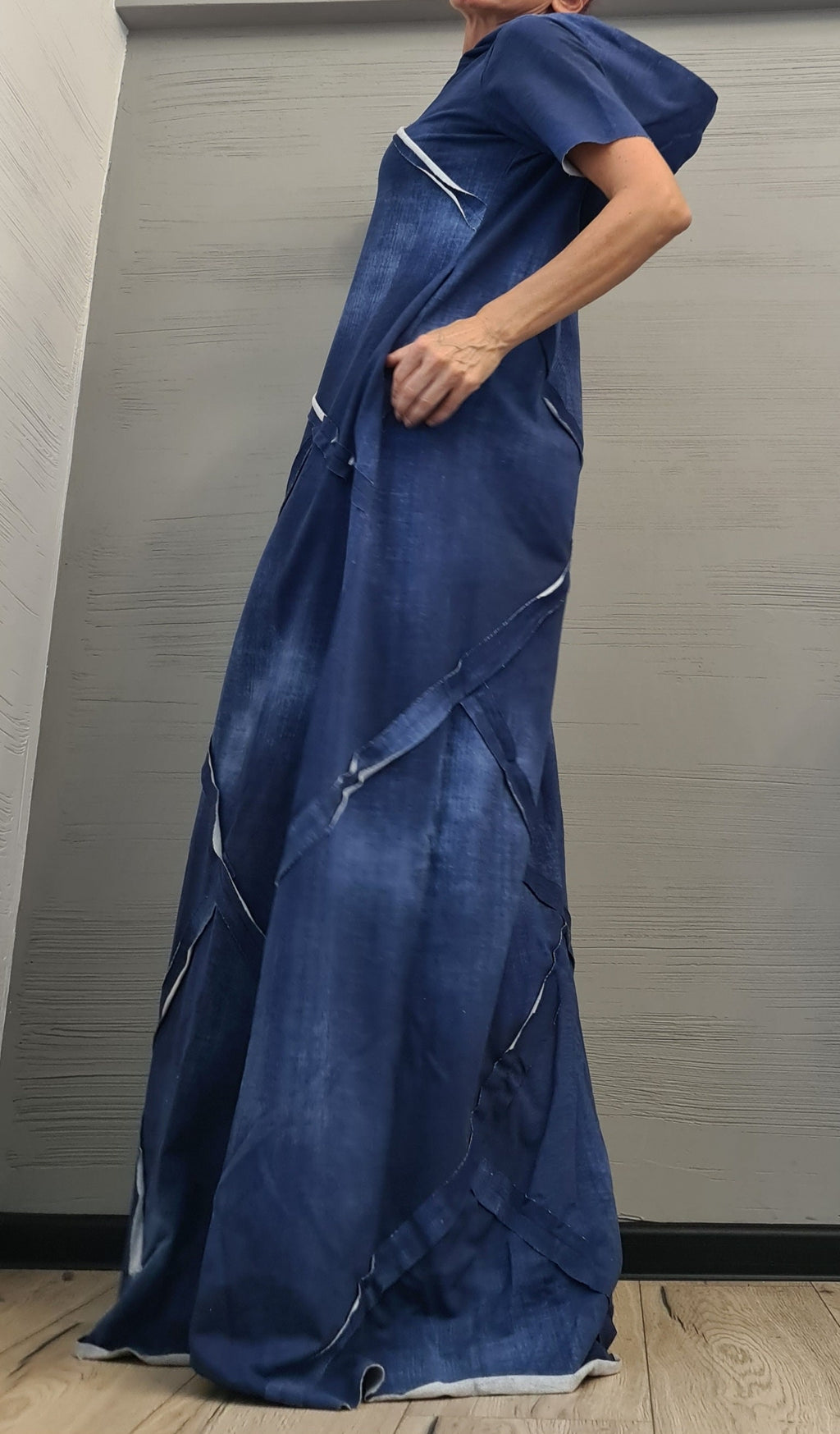 Long Hooded Dress, Loose Dress, Cotton Extravagant Dress, Short sleeve Dress, New collection, Cotton with printed denim