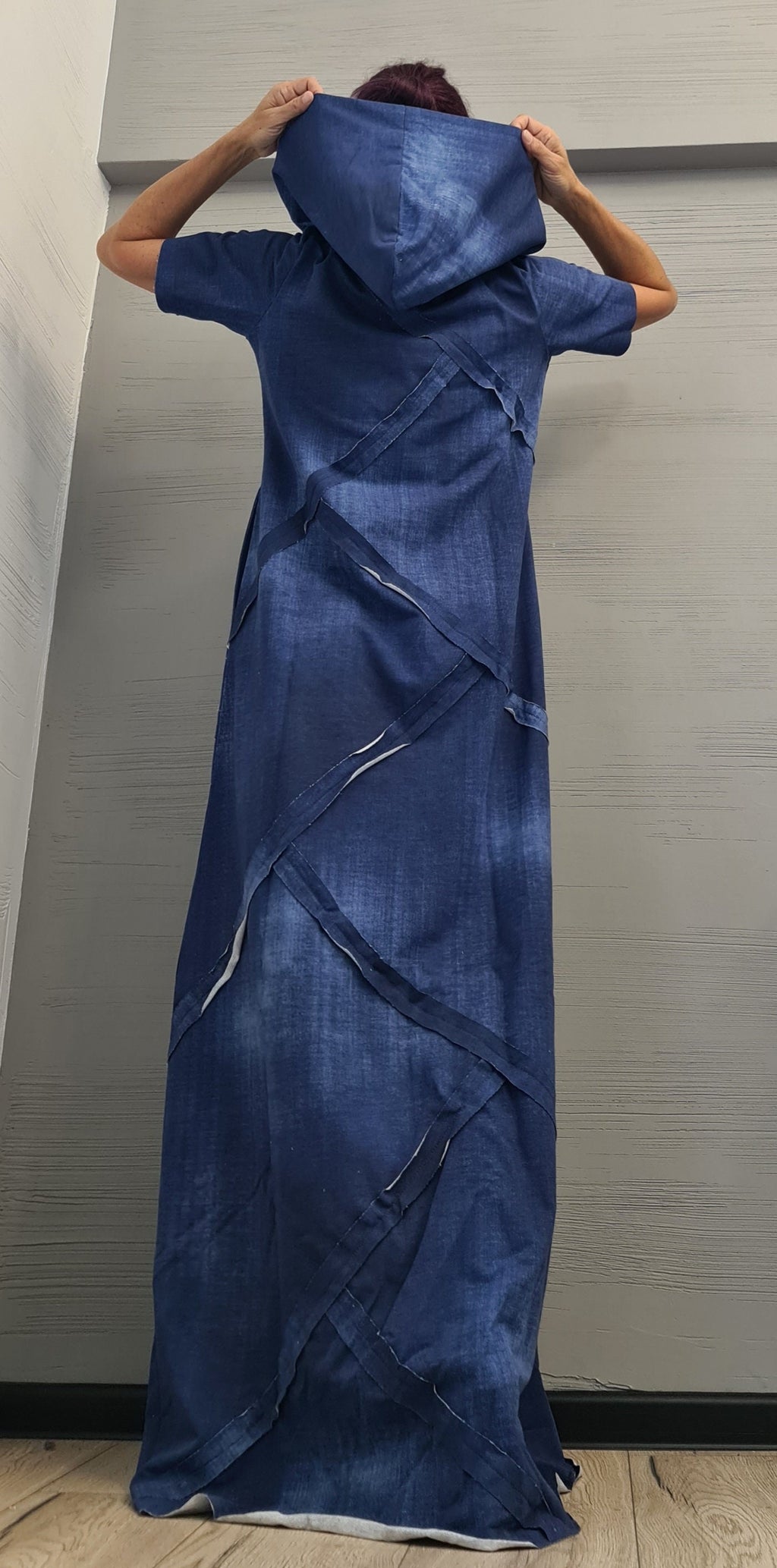 Long Hooded Dress, Loose Dress, Cotton Extravagant Dress, Short sleeve Dress, New collection, Cotton with printed denim