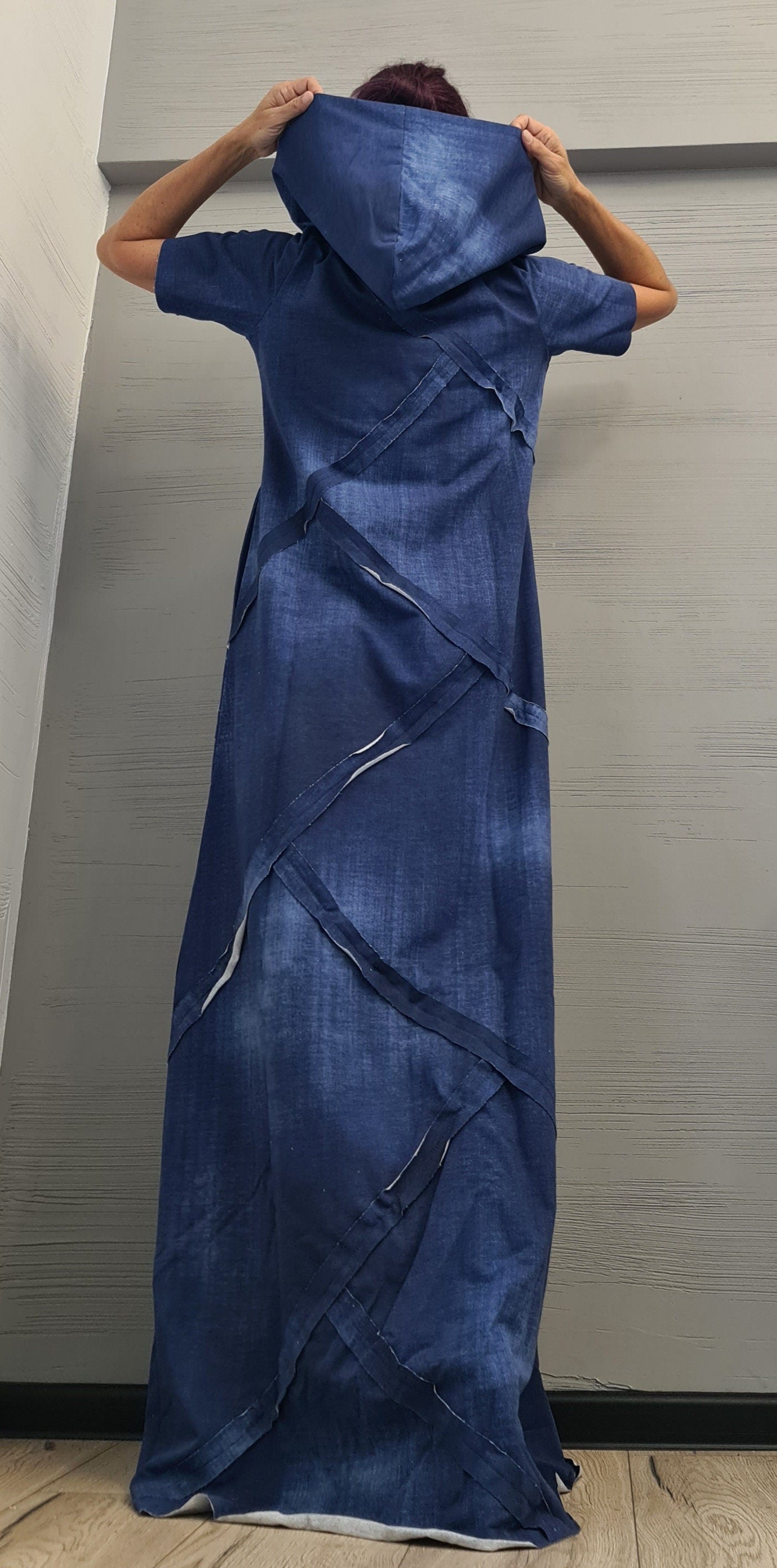 Long Hooded Dress, Loose Dress, Cotton Extravagant Dress, Short sleeve Dress, New collection, Cotton with printed denim