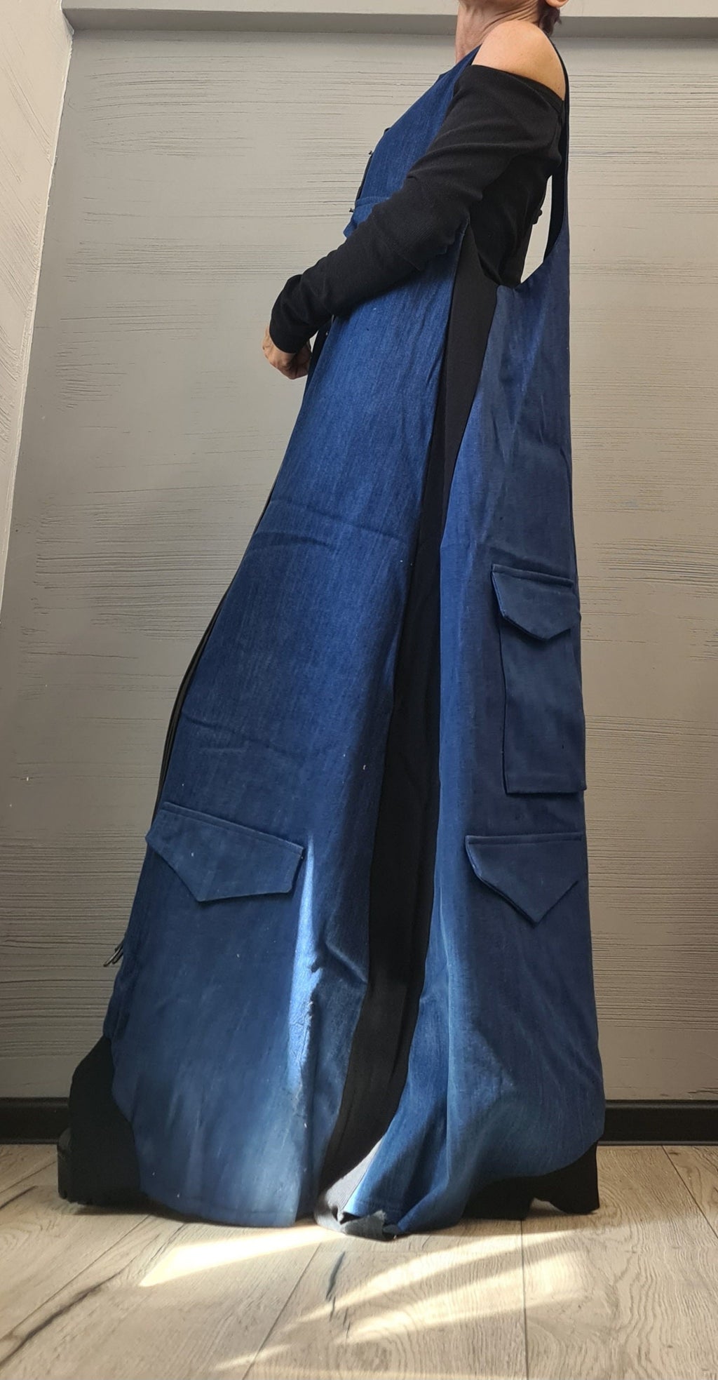 Deconstructed Denim Dress, Long Loose Dress, Pockets Dress, Asymmetric Dress, Gothic Dress, Extravagant Dress, Sleeveless Dress