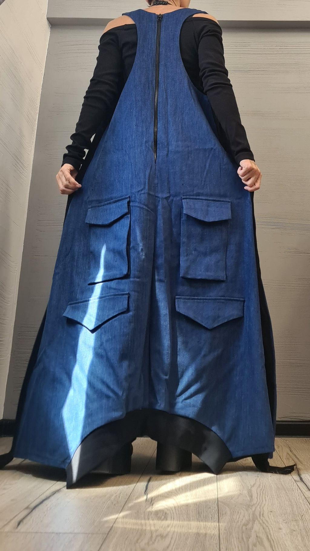 Deconstructed Denim Dress, Long Loose Dress, Pockets Dress, Asymmetric Dress, Gothic Dress, Extravagant Dress, Sleeveless Dress