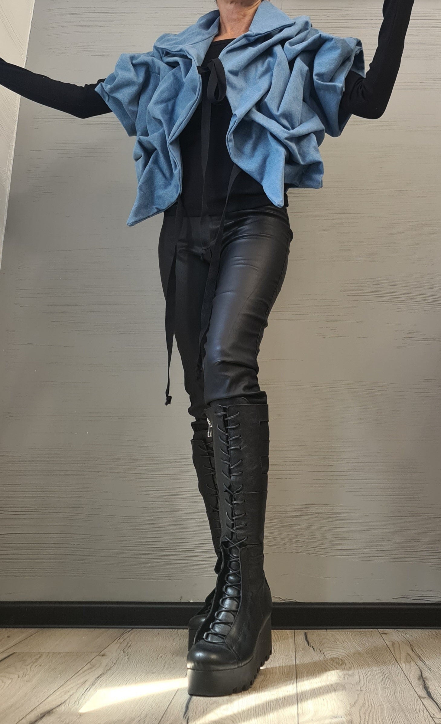 Black Denim Extravagant Jacket, Women Short Jacket, Asymmetric Jacket