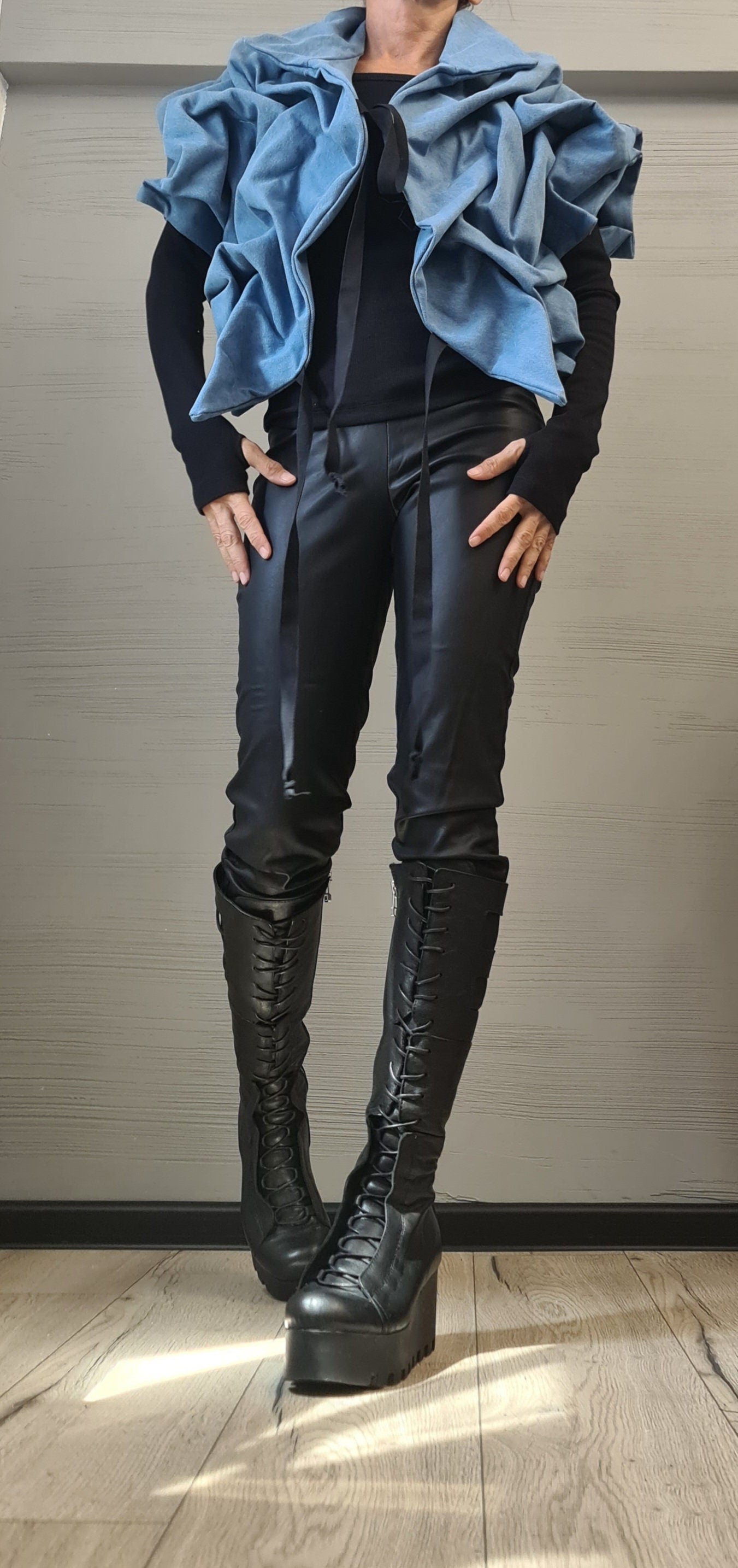 Black Denim Extravagant Jacket, Women Short Jacket, Asymmetric Jacket