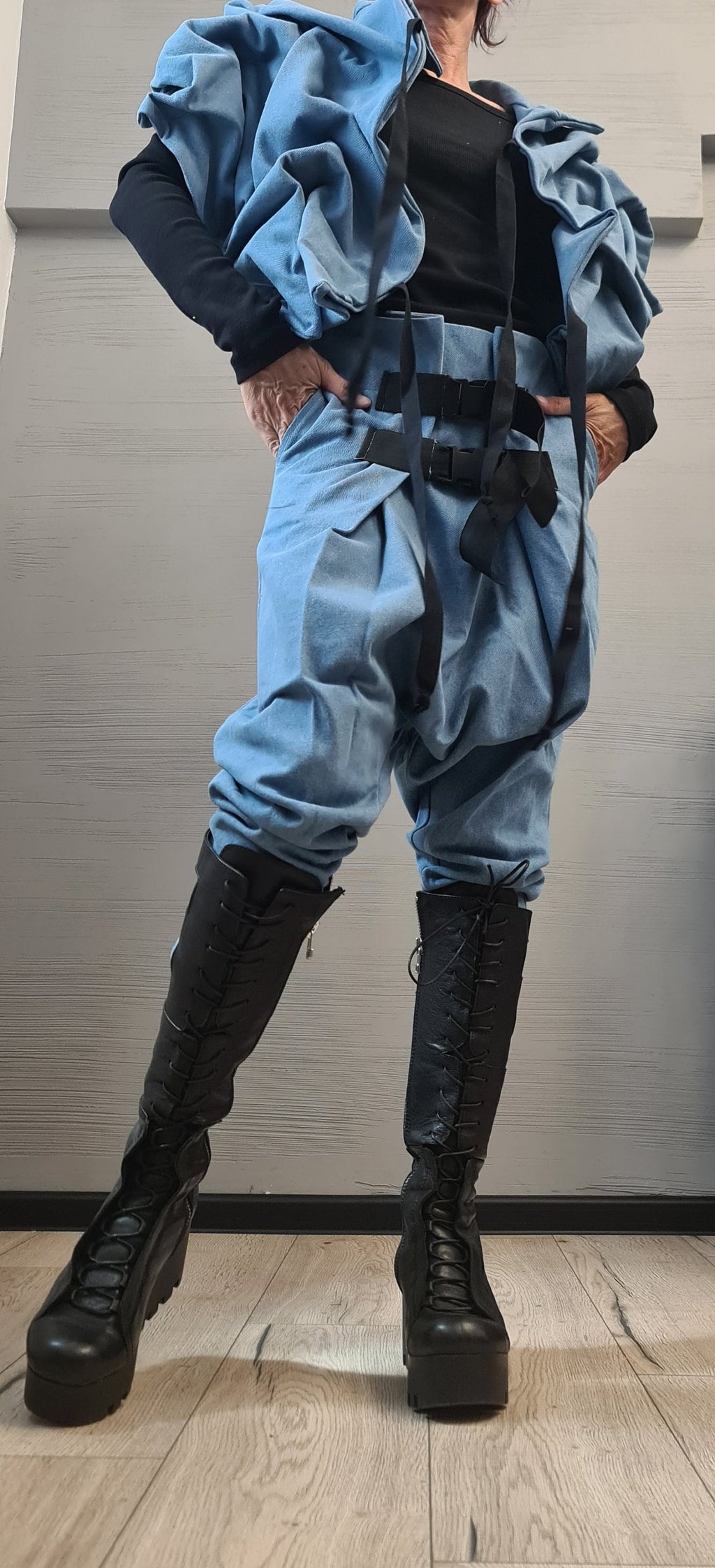 Asymmetric Denim Short Jacket – Avant-Garde Women’s Fashion, Handmade Statement Outerwear, Plus Size Available