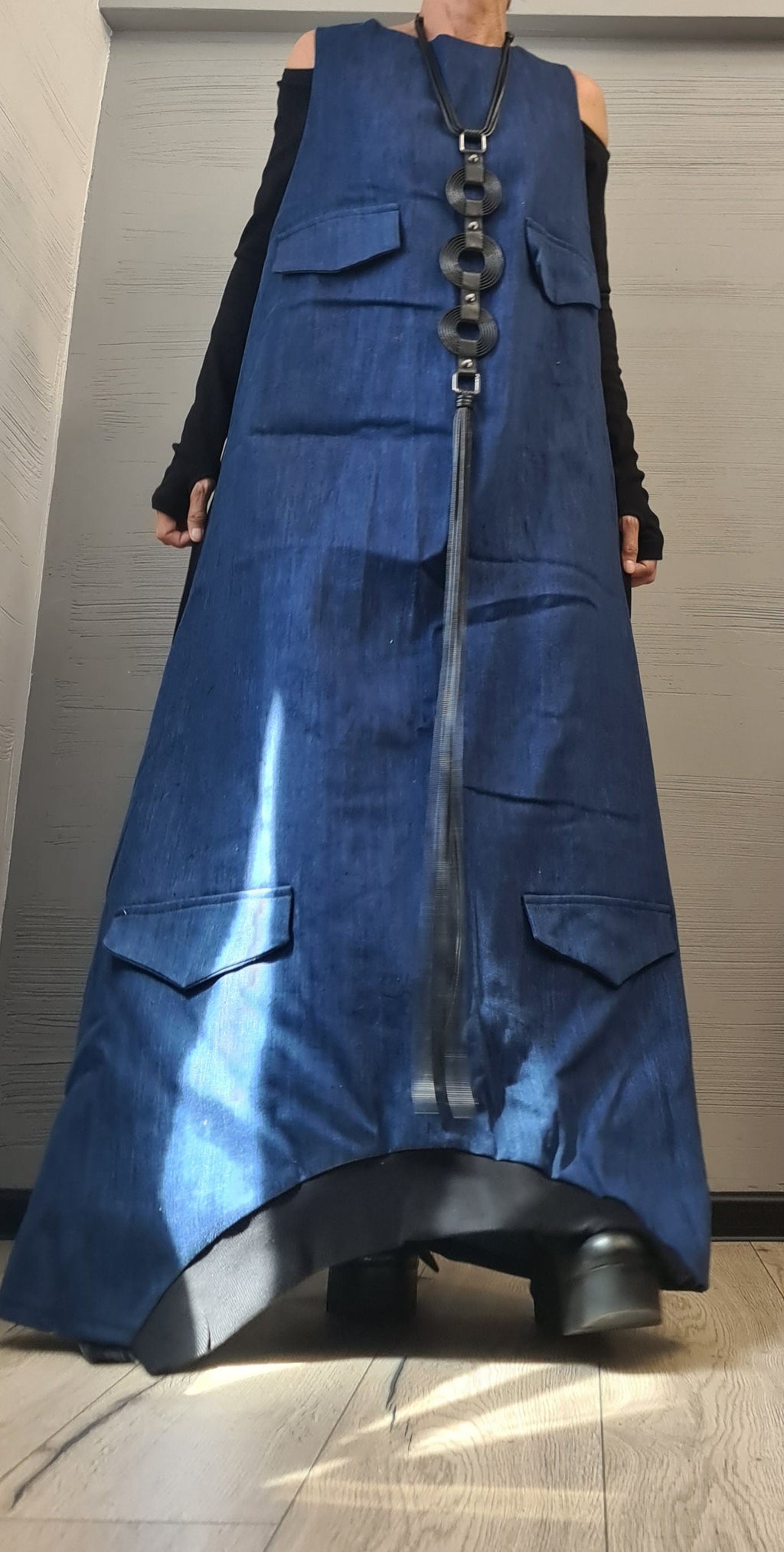 Deconstructed Denim Dress, Long Loose Dress, Pockets Dress, Asymmetric Dress, Gothic Dress, Extravagant Dress, Sleeveless Dress