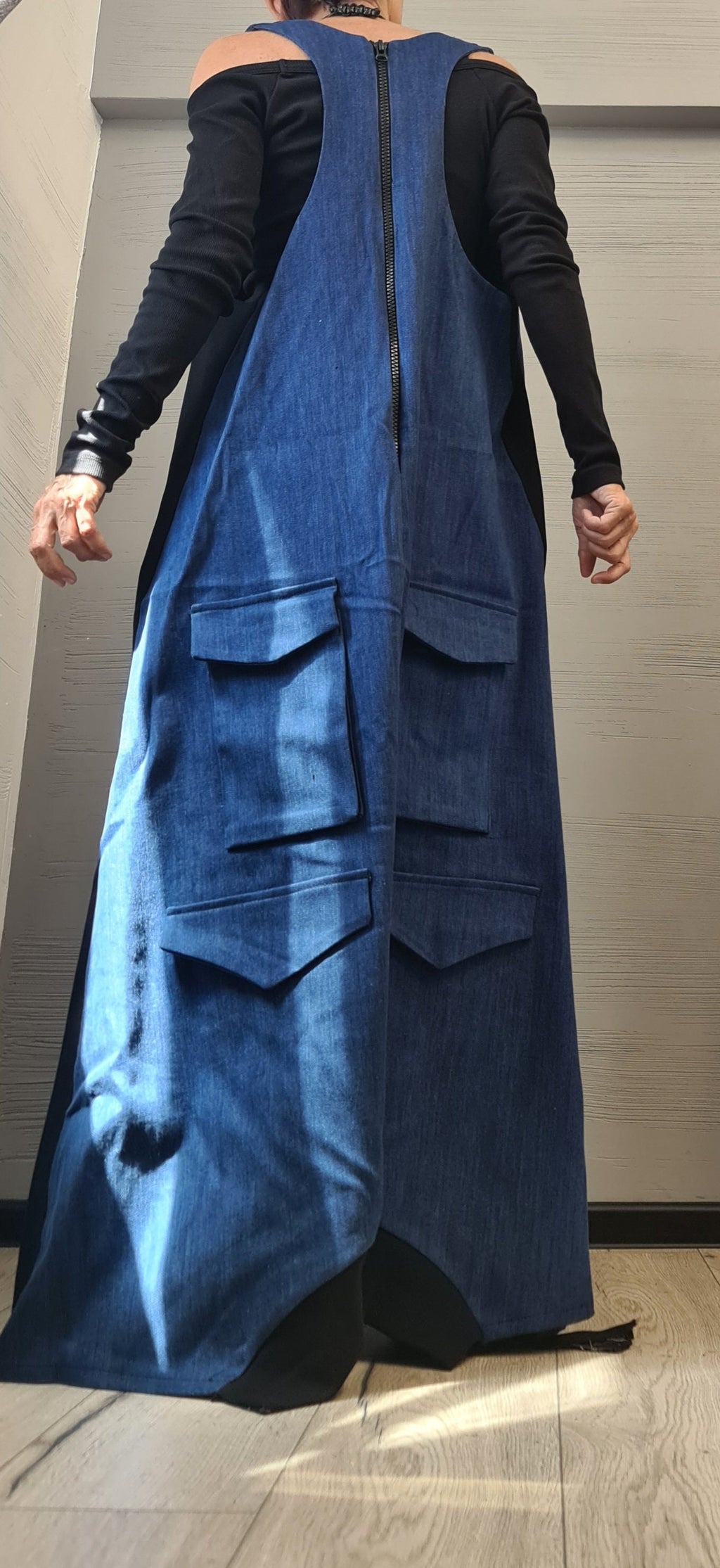 Deconstructed Denim Dress, Long Loose Dress, Pockets Dress, Asymmetric Dress, Gothic Dress, Extravagant Dress, Sleeveless Dress