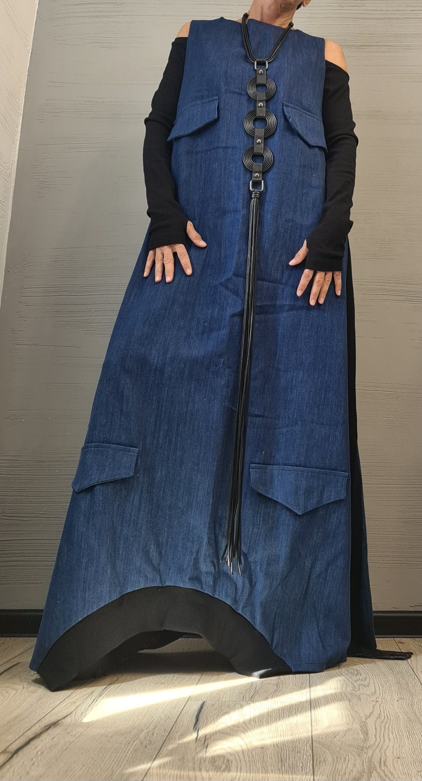 Deconstructed Denim Dress, Long Loose Dress, Pockets Dress, Asymmetric Dress, Gothic Dress, Extravagant Dress, Sleeveless Dress