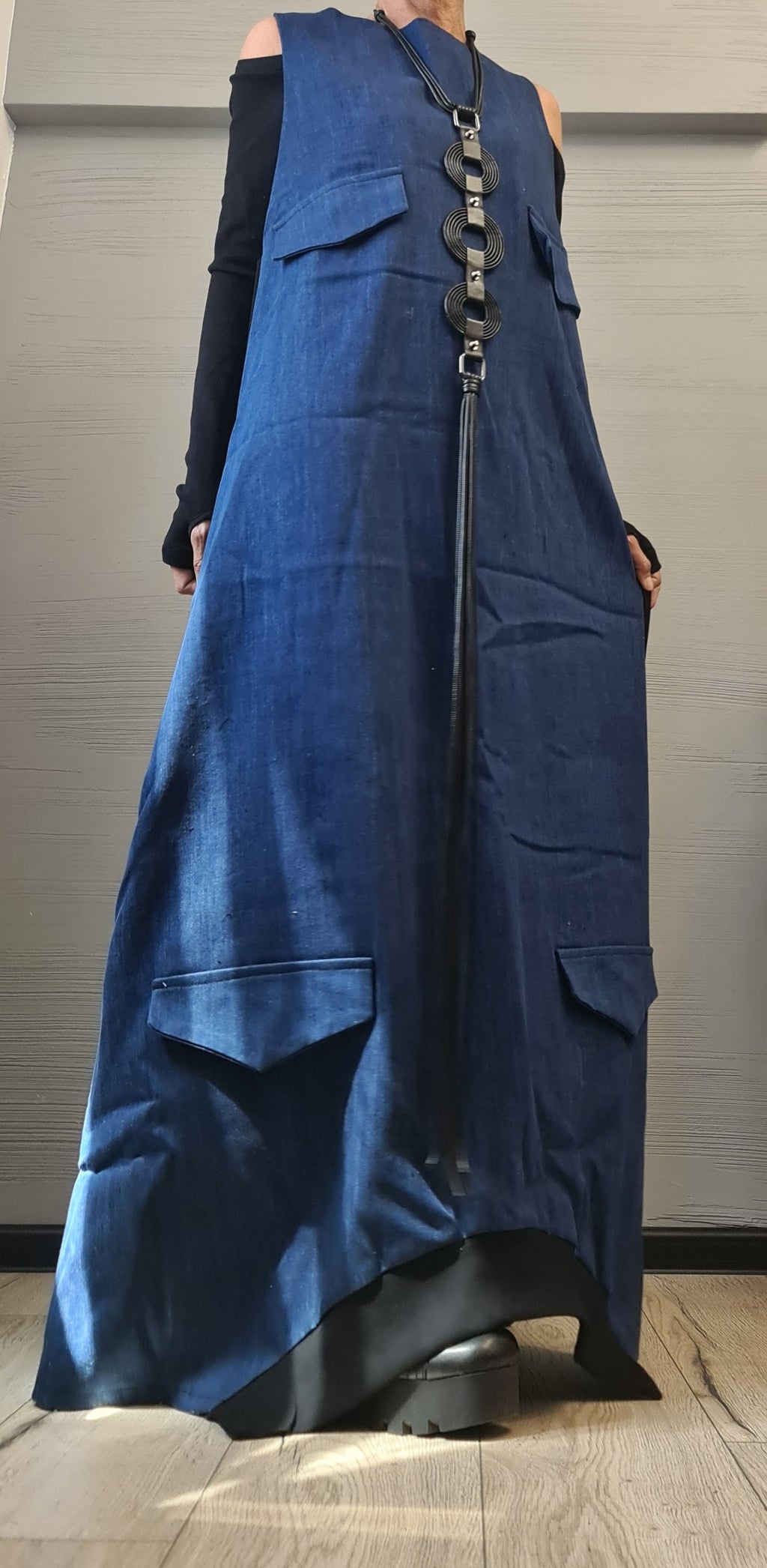 Deconstructed Denim Dress, Long Loose Dress, Pockets Dress, Asymmetric Dress, Gothic Dress, Extravagant Dress, Sleeveless Dress