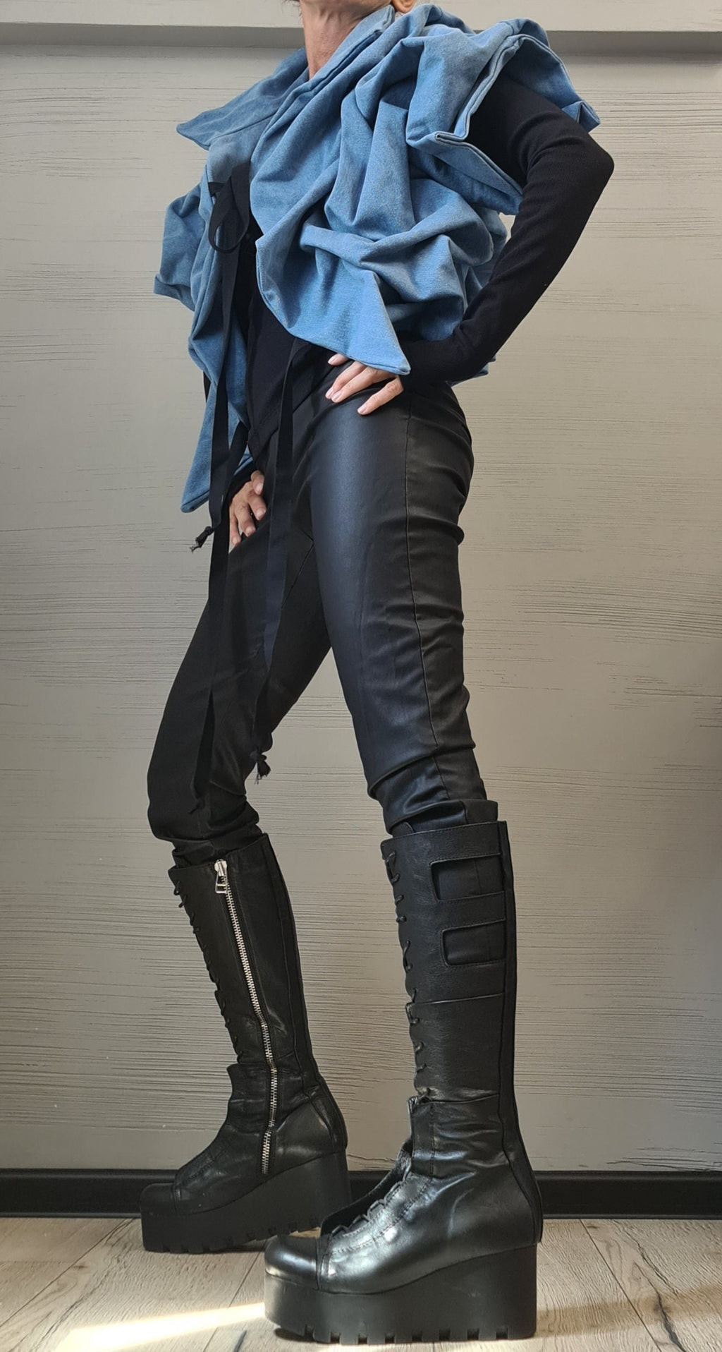 Asymmetric Denim Short Jacket – Avant-Garde Women’s Fashion, Handmade Statement Outerwear, Plus Size Available