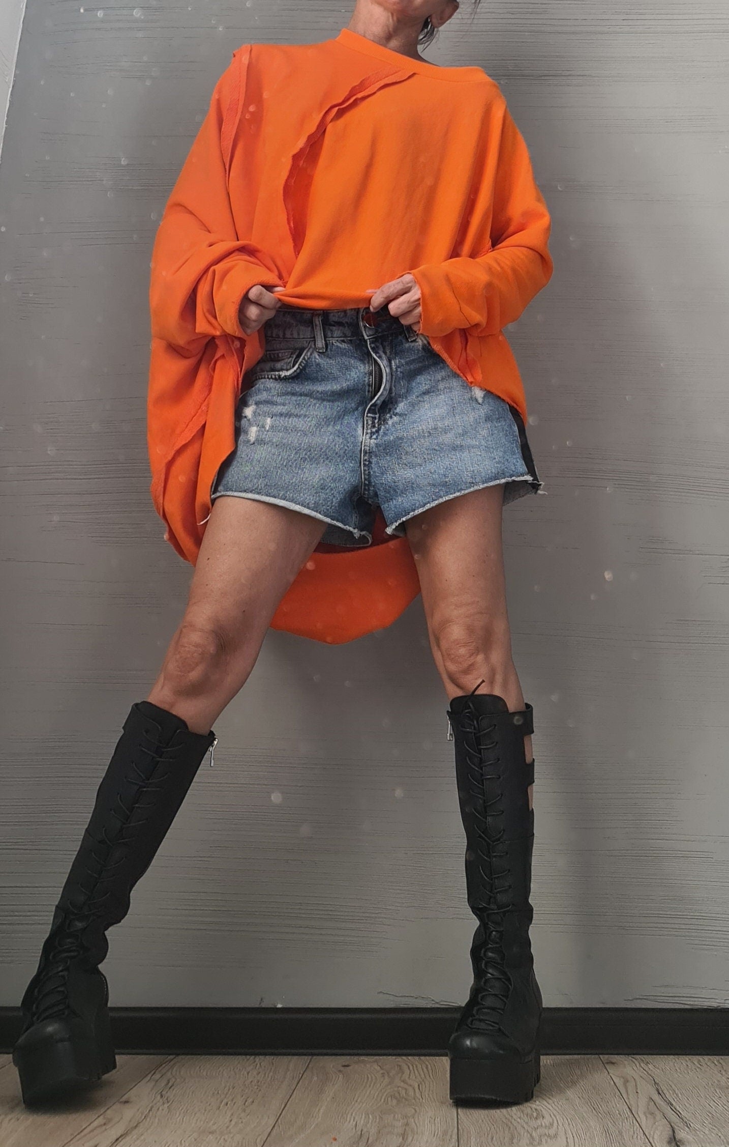 Orange Asymmetrical tunic, Avant Garde Tunic, Outside seams, Loose Tunic, Deconstructed Top, Long Short Sleeve Top DRESSSHOESCODE