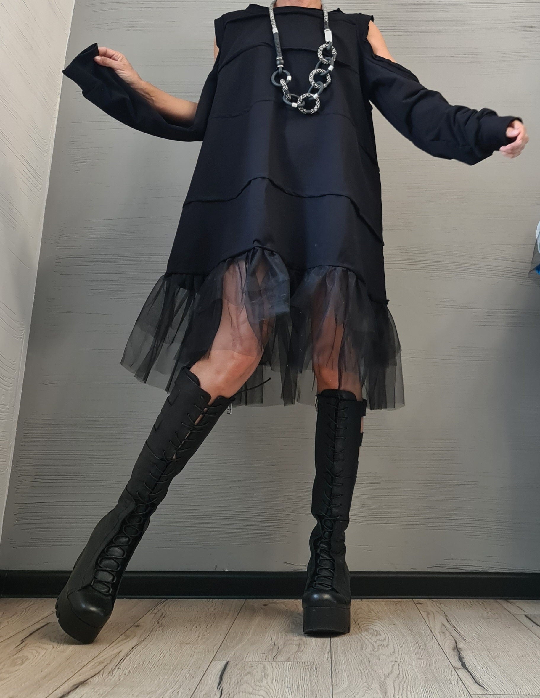 Asymmetrical Tulle Dress Tunic, Black Avant Garde Loose Dress, Deconstructed Oversize Dress, With and without sleeve