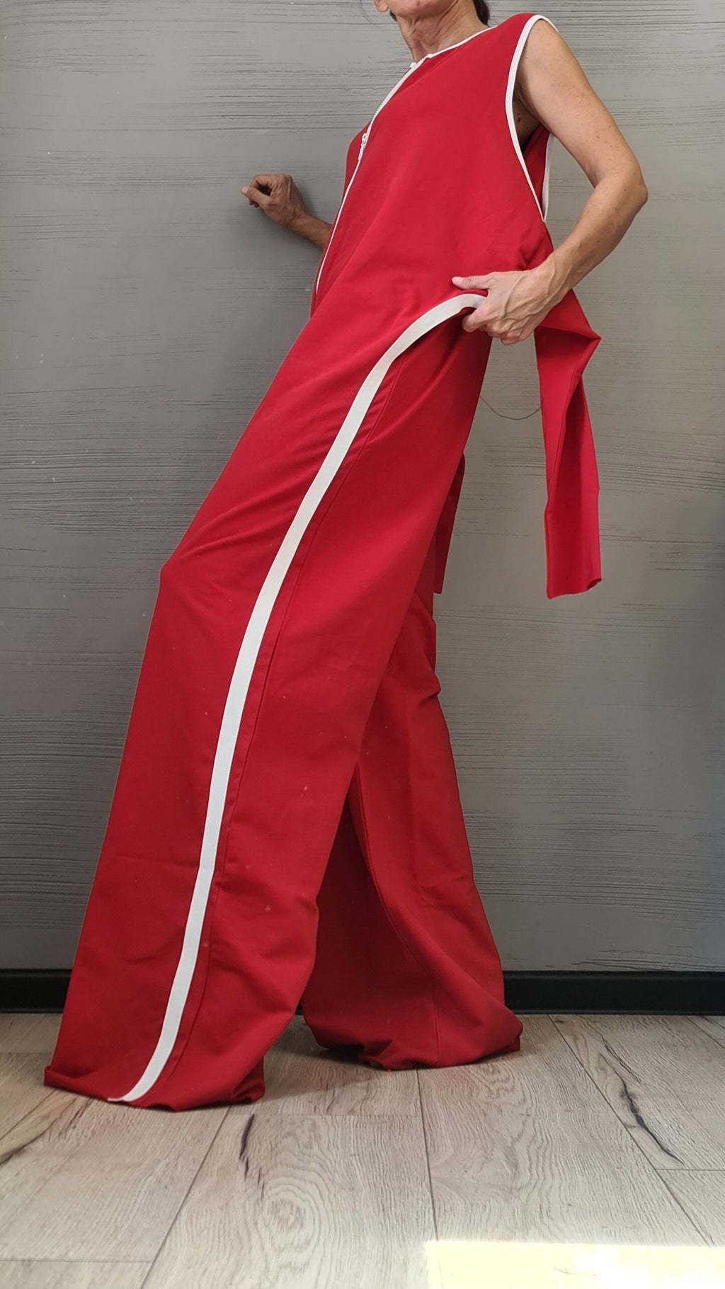 Long Jumpsuit, Red Harem Jumpsuit, Gothic Jumpsuit , Extravagant Wide Leg Overall, Sleeveless Jumpsuit