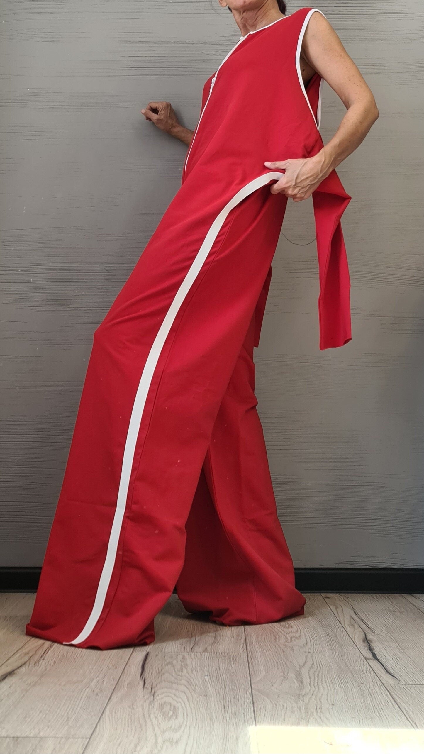 Long Jumpsuit, Red Harem Jumpsuit, Gothic Jumpsuit , Extravagant Wide Leg Overall, Sleeveless Jumpsuit