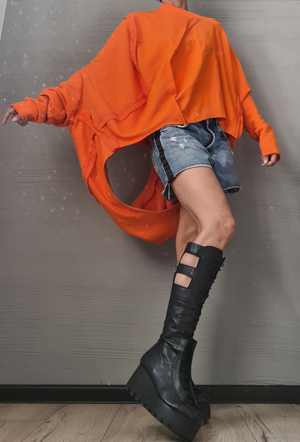 Orange Asymmetrical tunic, Avant Garde Tunic, Outside seams, Loose Tunic, Deconstructed Top, Long Short Sleeve Top DRESSSHOESCODE