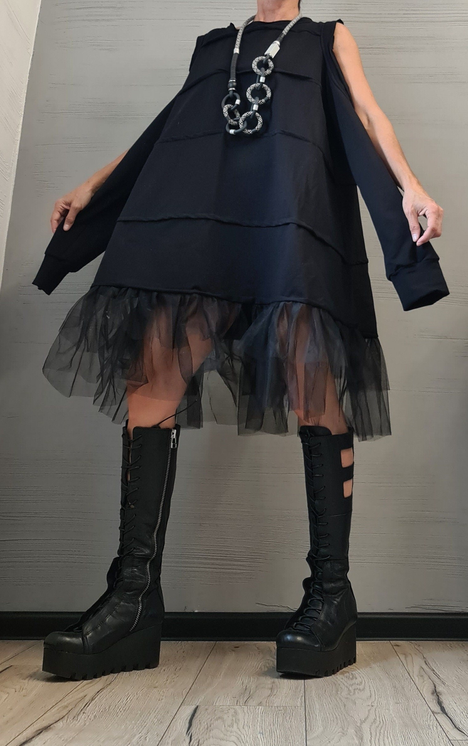 Asymmetrical Tulle Dress Tunic, Black Avant Garde Loose Dress, Deconstructed Oversize Dress, With and without sleeve
