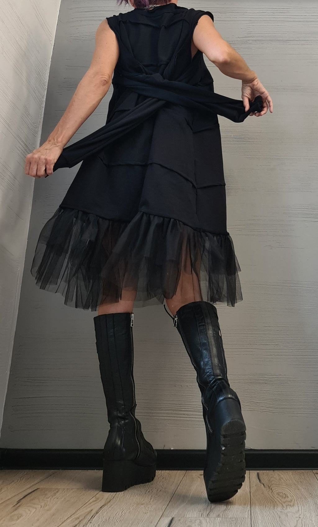 Asymmetrical Tulle Dress Tunic, Black Avant Garde Loose Dress, Deconstructed Oversize Dress, With and without sleeve