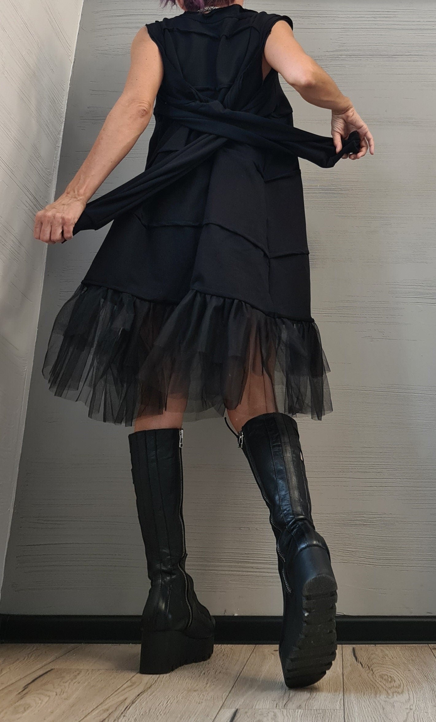 Asymmetrical Tulle Dress Tunic, Black Avant Garde Loose Dress, Deconstructed Oversize Dress, With and without sleeve