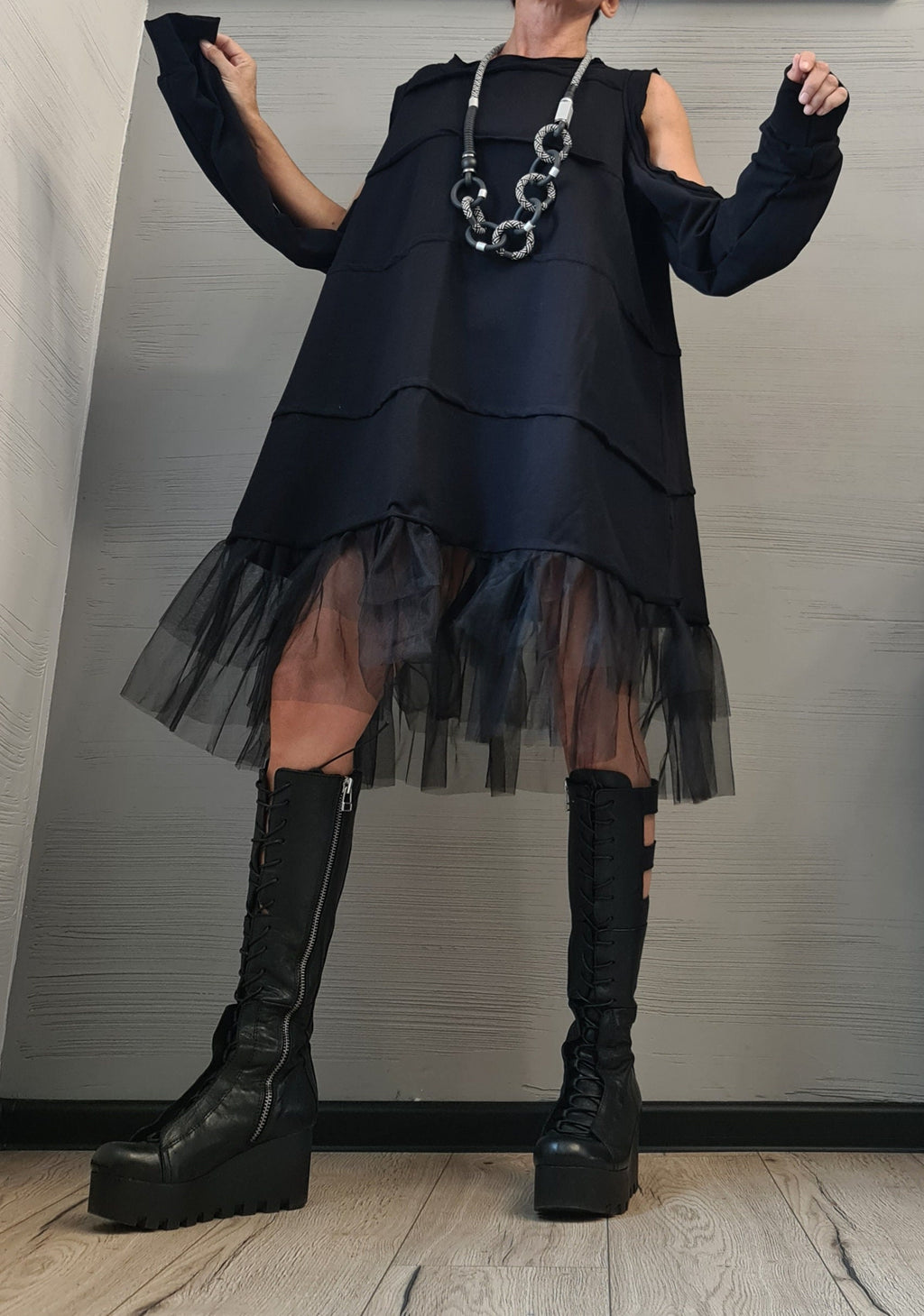Asymmetrical Tulle Dress Tunic, Black Avant Garde Loose Dress, Deconstructed Oversize Dress, With and without sleeve