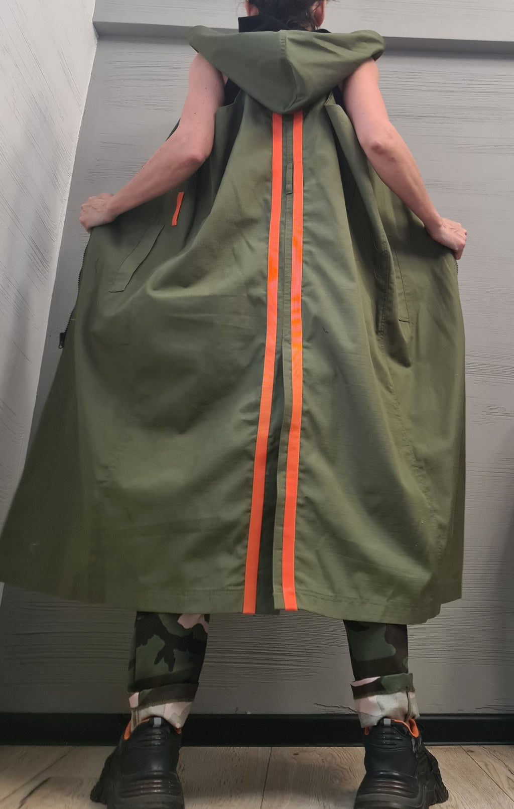 New collection Spring Blazer, Two pieces - Long sleeveless Vest and Short Jacket, Extravagant Long loose hooded Military Green Trench Coat