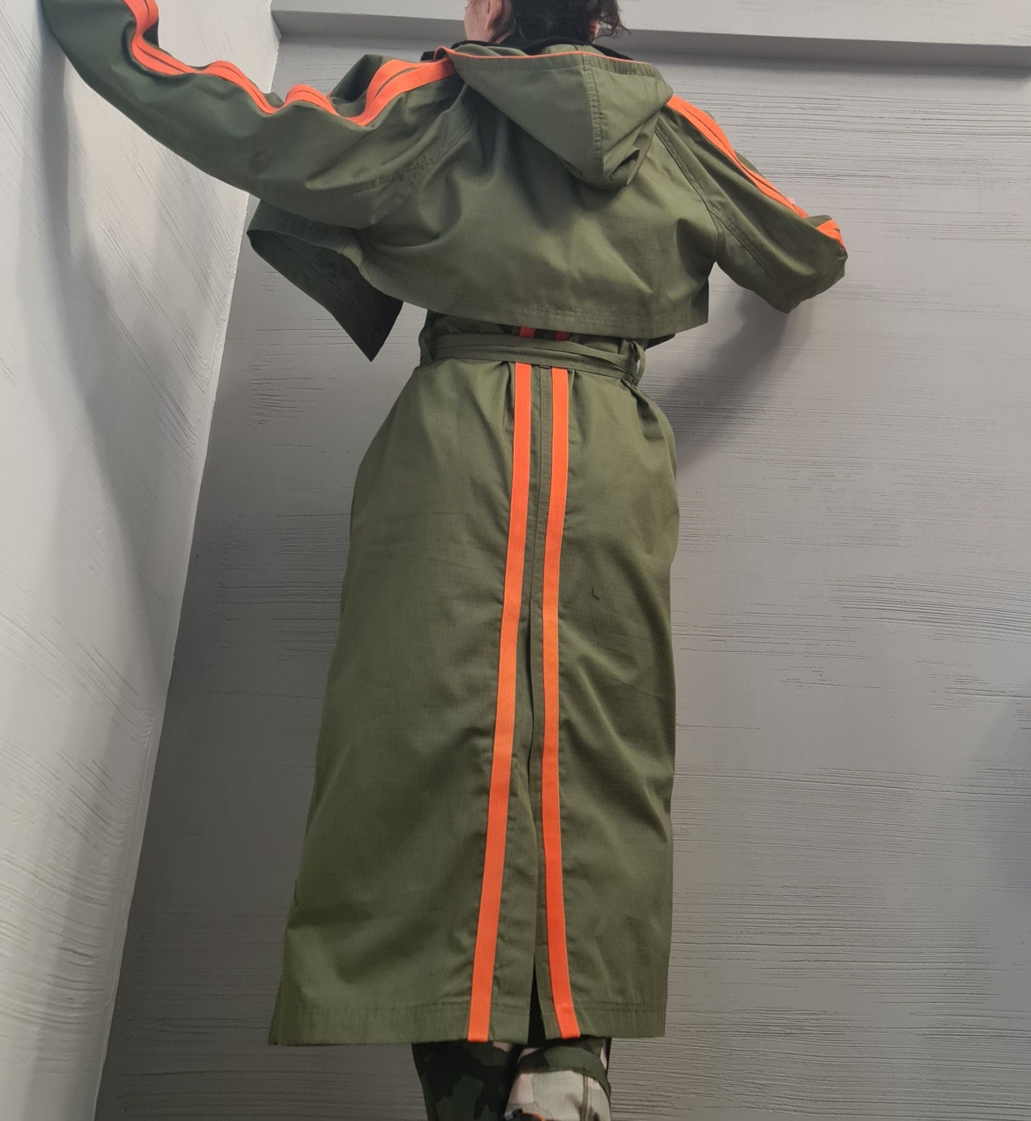 New collection Spring Blazer, Two pieces - Long sleeveless Vest and Short Jacket, Extravagant Long loose hooded Military Green Trench Coat