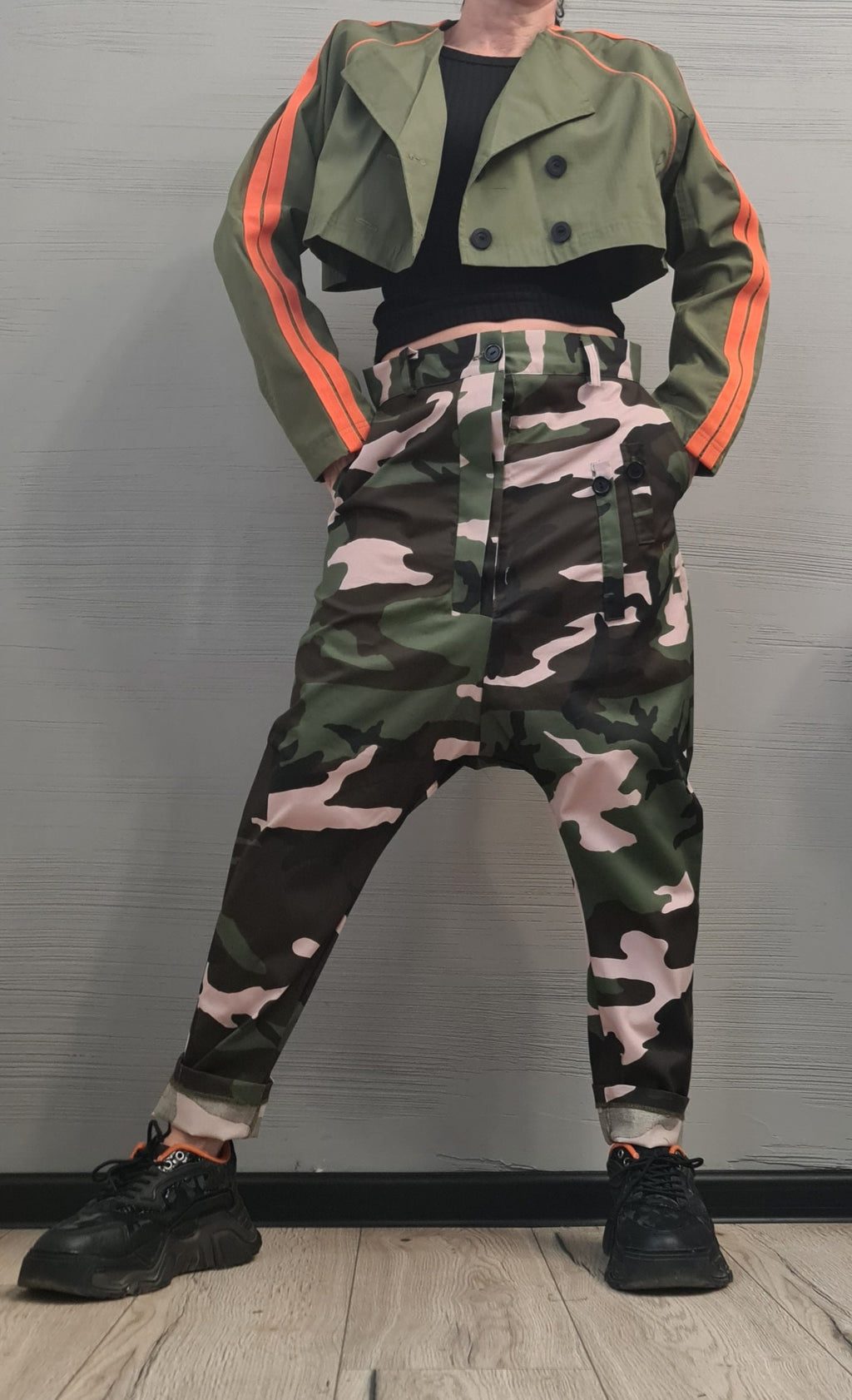 New collection Spring Blazer, Two pieces - Long sleeveless Vest and Short Jacket, Extravagant Long loose hooded Military Green Trench Coat