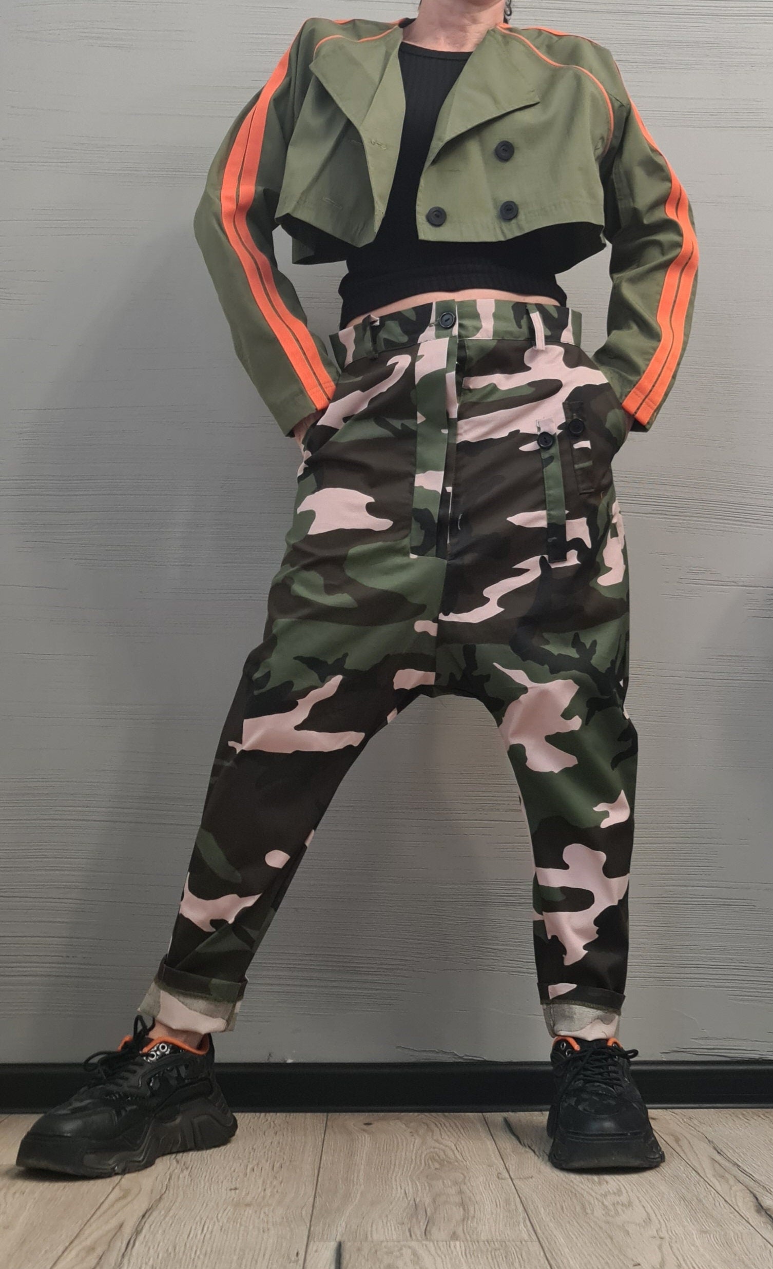 New collection Spring Blazer, Two pieces - Long sleeveless Vest and Short Jacket, Extravagant Long loose hooded Military Green Trench Coat