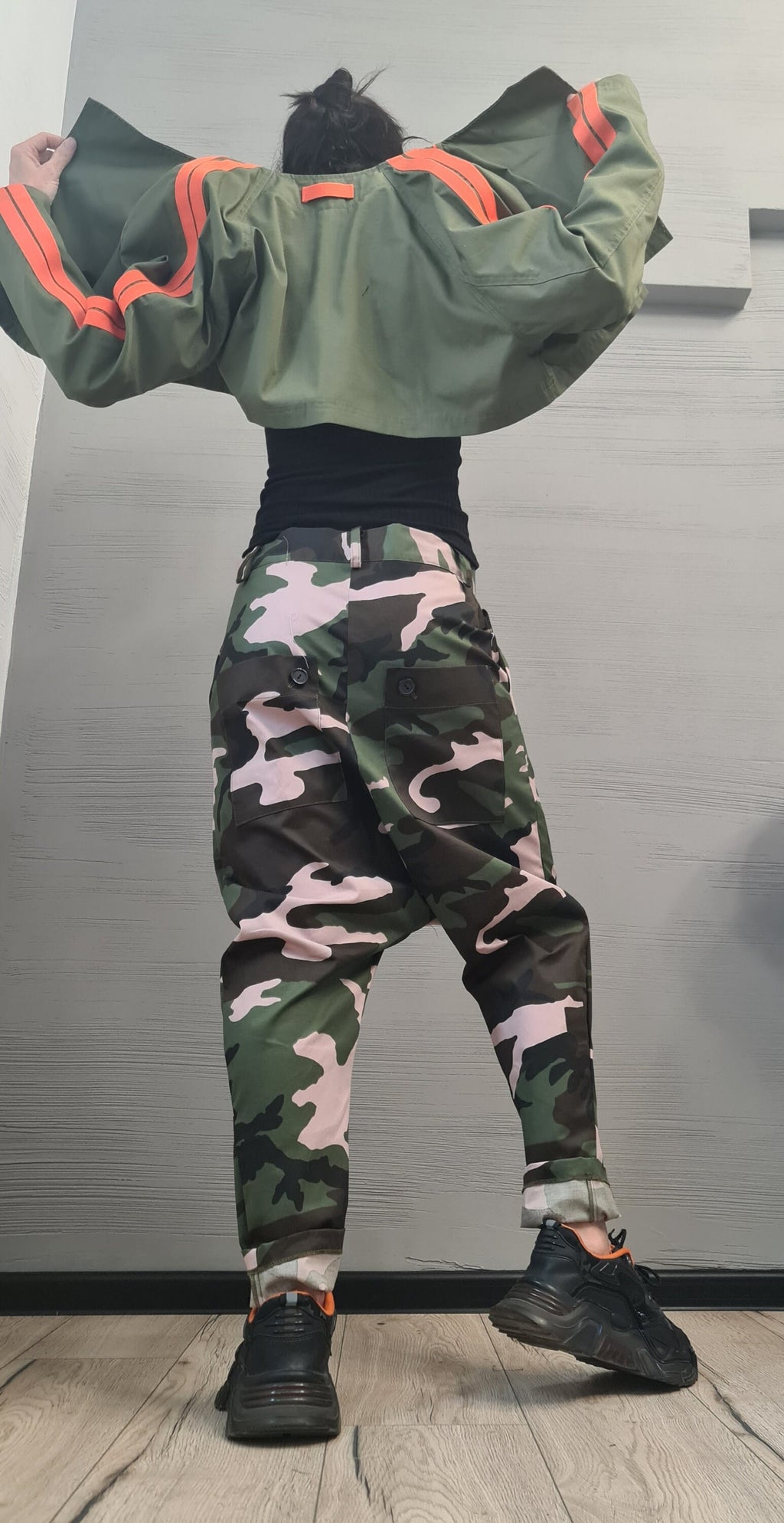 New collection Spring Blazer, Two pieces - Long sleeveless Vest and Short Jacket, Extravagant Long loose hooded Military Green Trench Coat