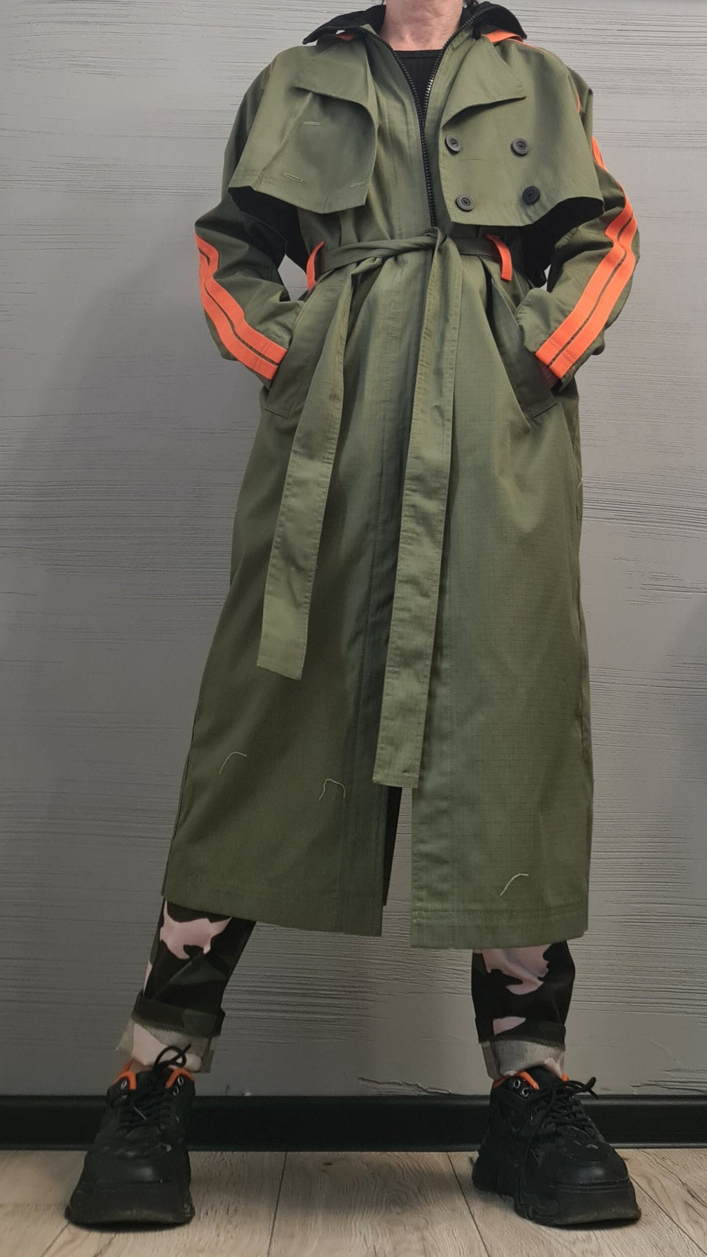 New collection Spring Blazer, Two pieces - Long sleeveless Vest and Short Jacket, Extravagant Long loose hooded Military Green Trench Coat