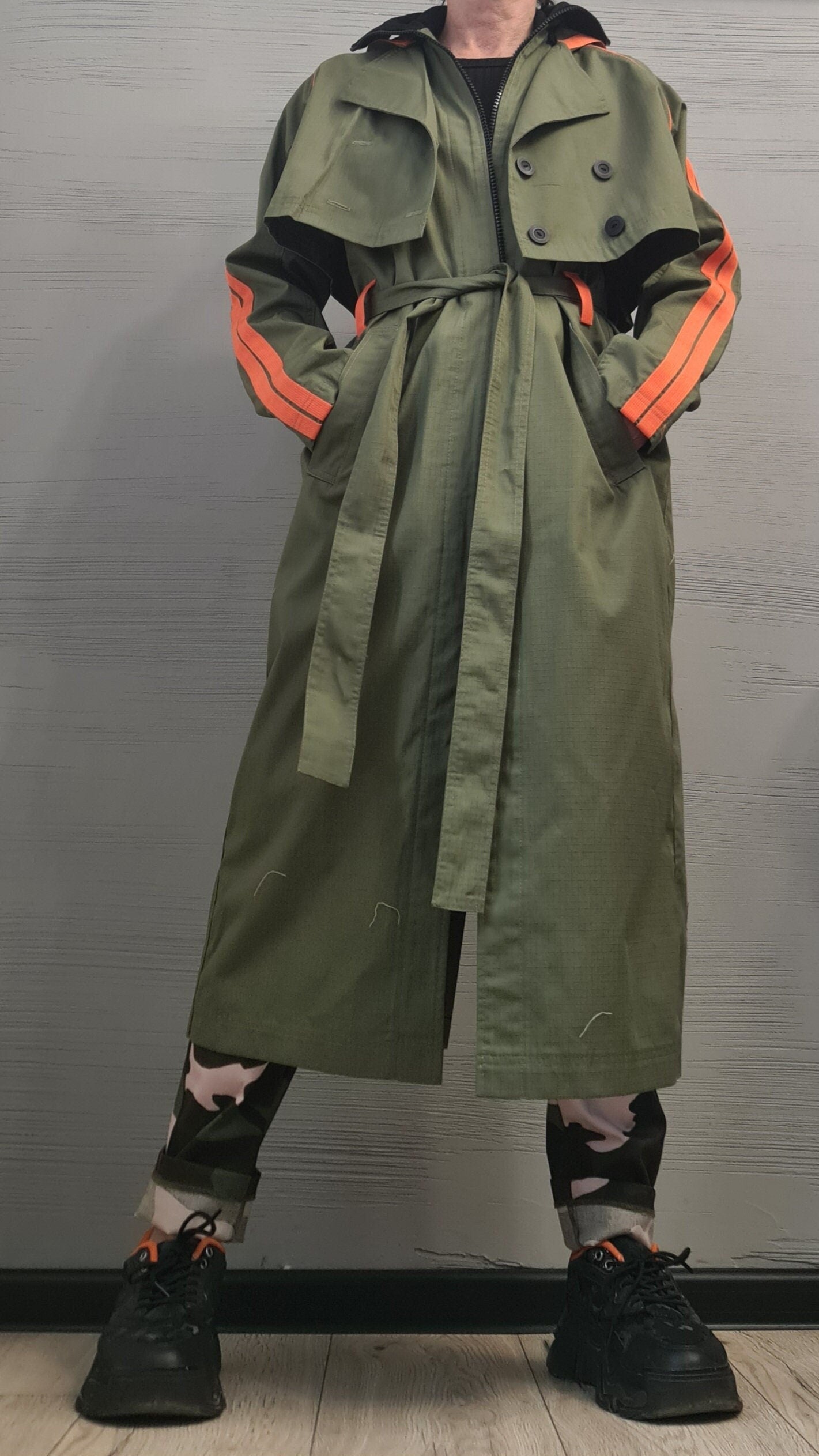 New collection Spring Blazer, Two pieces - Long sleeveless Vest and Short Jacket, Extravagant Long loose hooded Military Green Trench Coat