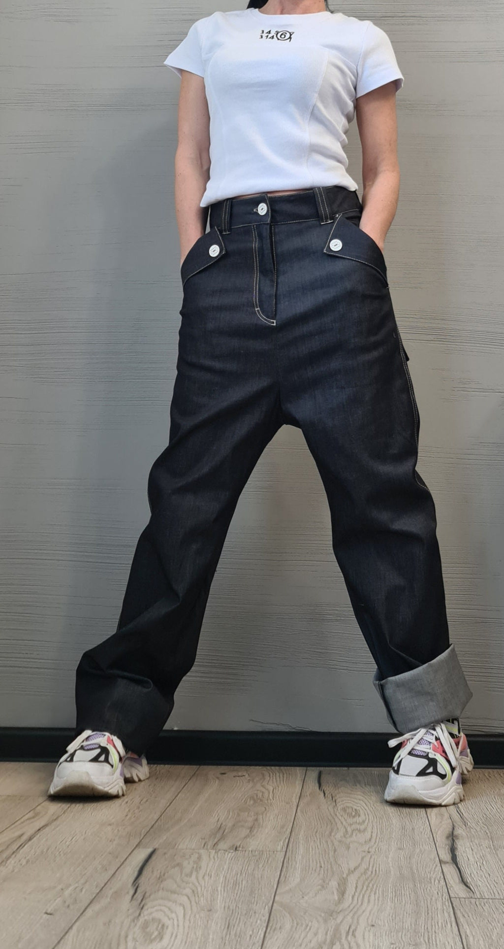 Dark Blue Straight-Leg Denim Pants | High Waist Minimalist Jeans | Handmade Cotton Trousers | Casual Avant-Garde Streetwear