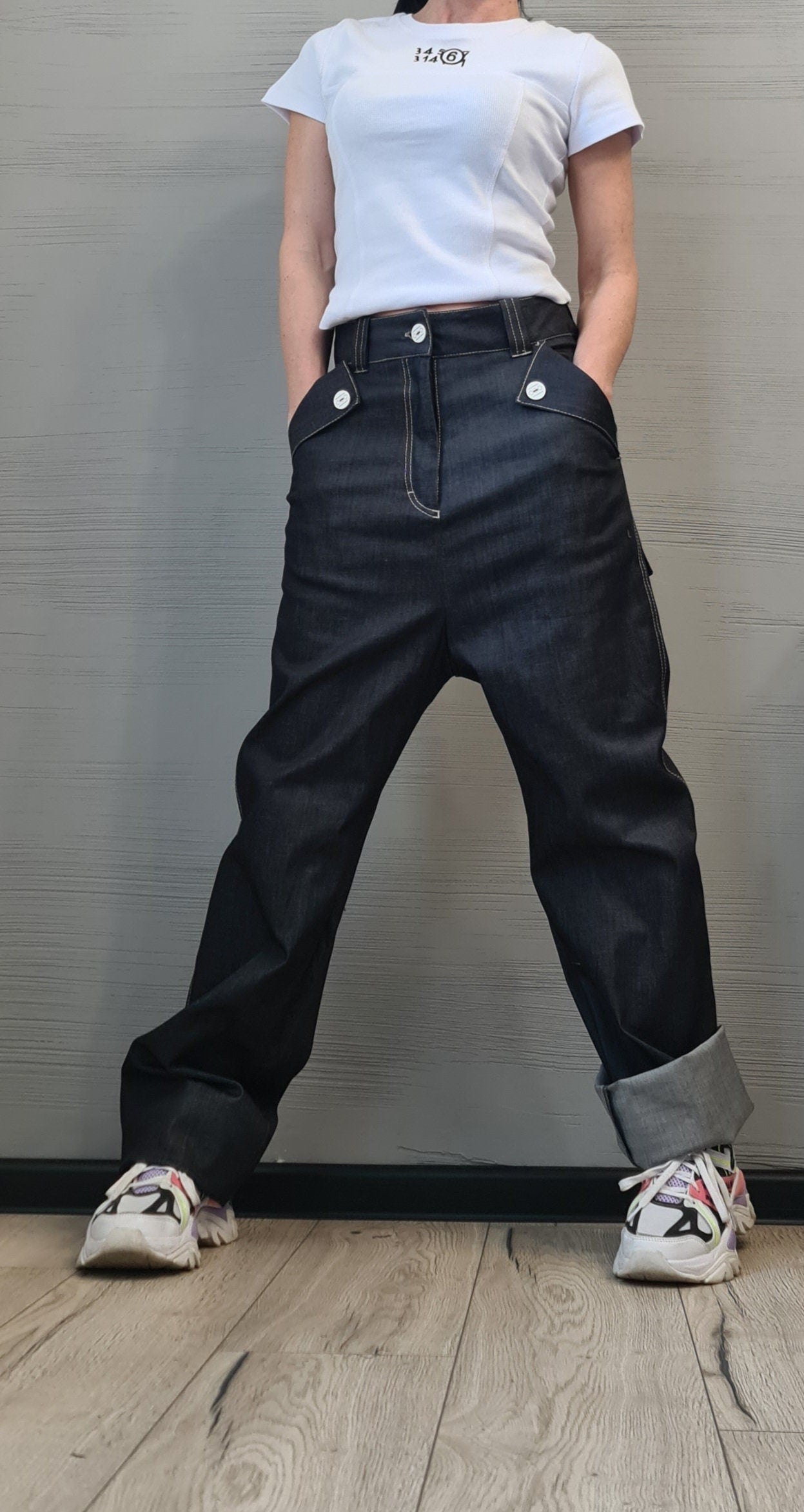 Dark Blue Straight-Leg Denim Pants | High Waist Minimalist Jeans | Handmade Cotton Trousers | Casual Avant-Garde Streetwear