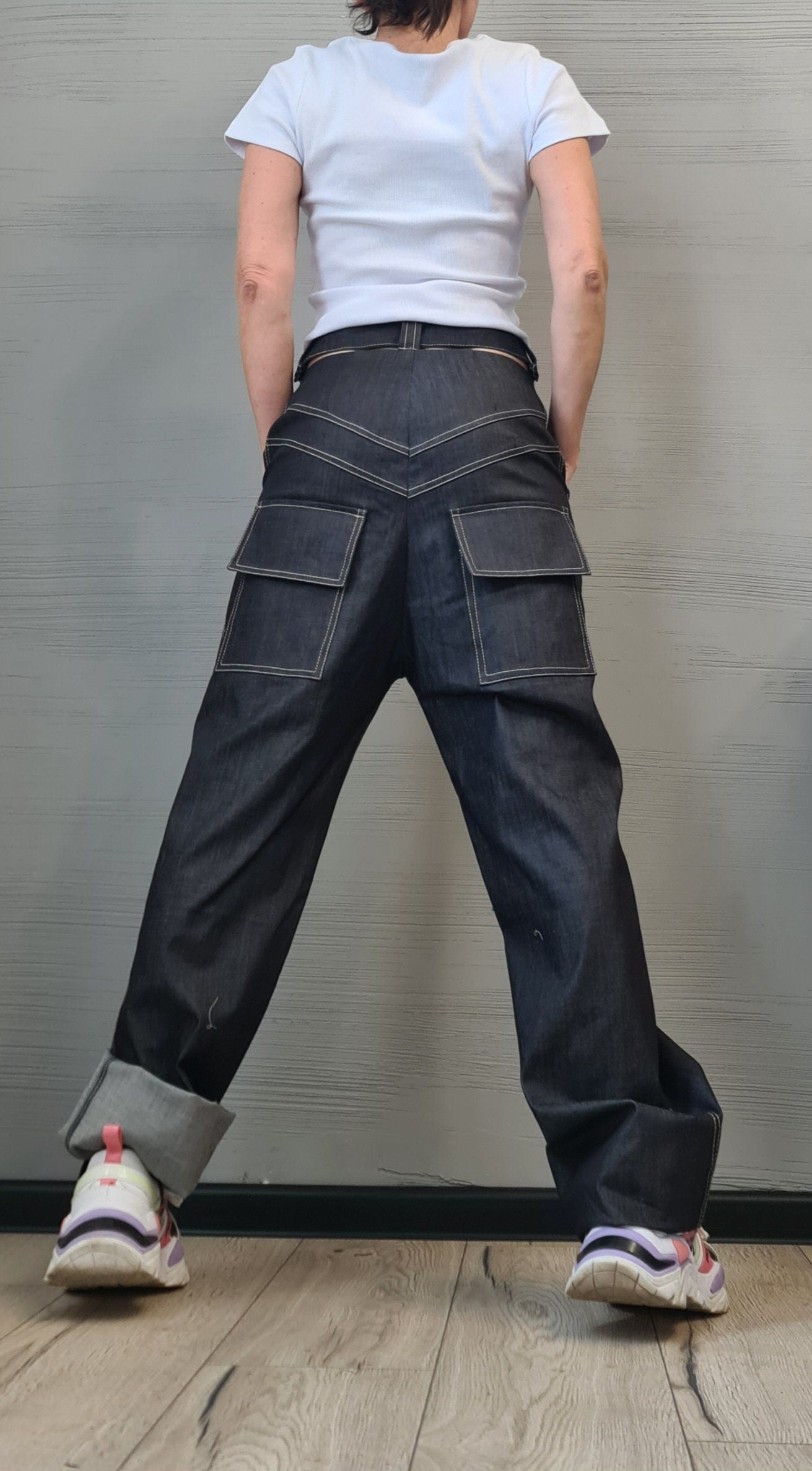 Dark Blue Straight-Leg Denim Pants | High Waist Minimalist Jeans | Handmade Cotton Trousers | Casual Avant-Garde Streetwear