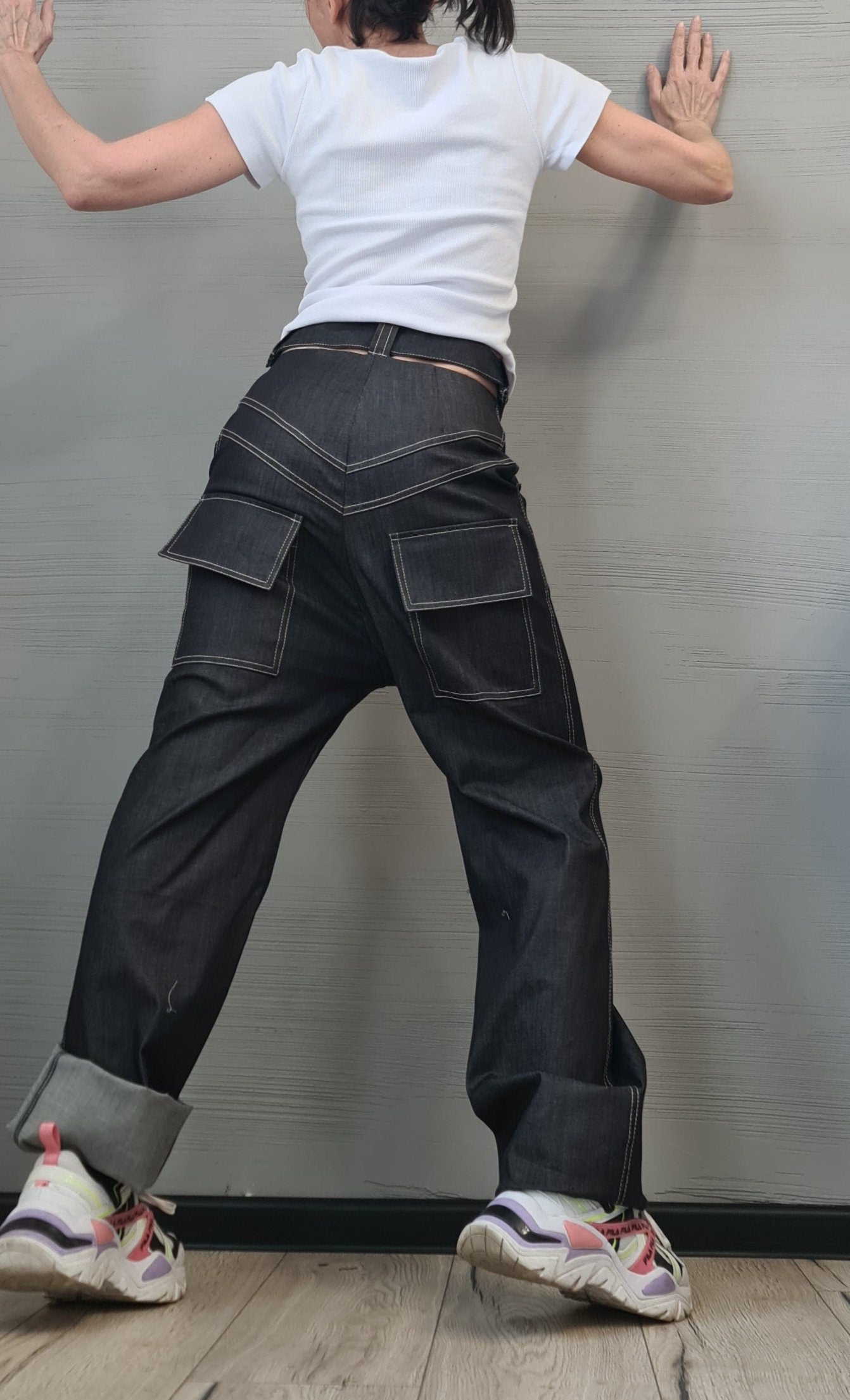 Dark Blue Straight-Leg Denim Pants | High Waist Minimalist Jeans | Handmade Cotton Trousers | Casual Avant-Garde Streetwear