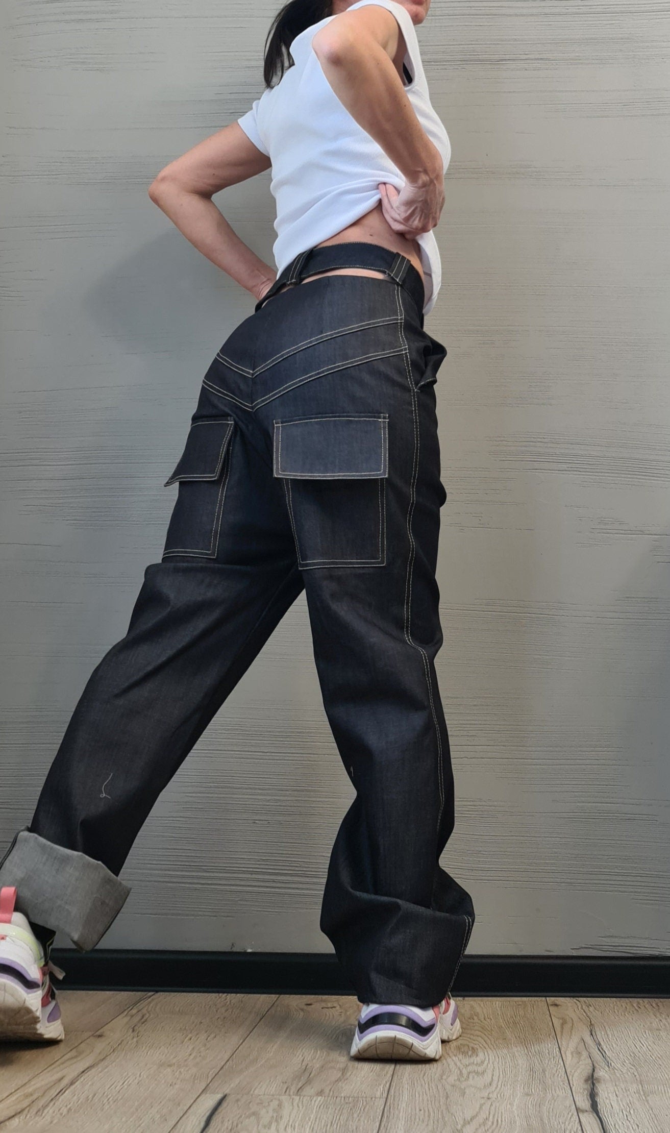 Dark Blue Straight-Leg Denim Pants | High Waist Minimalist Jeans | Handmade Cotton Trousers | Casual Avant-Garde Streetwear